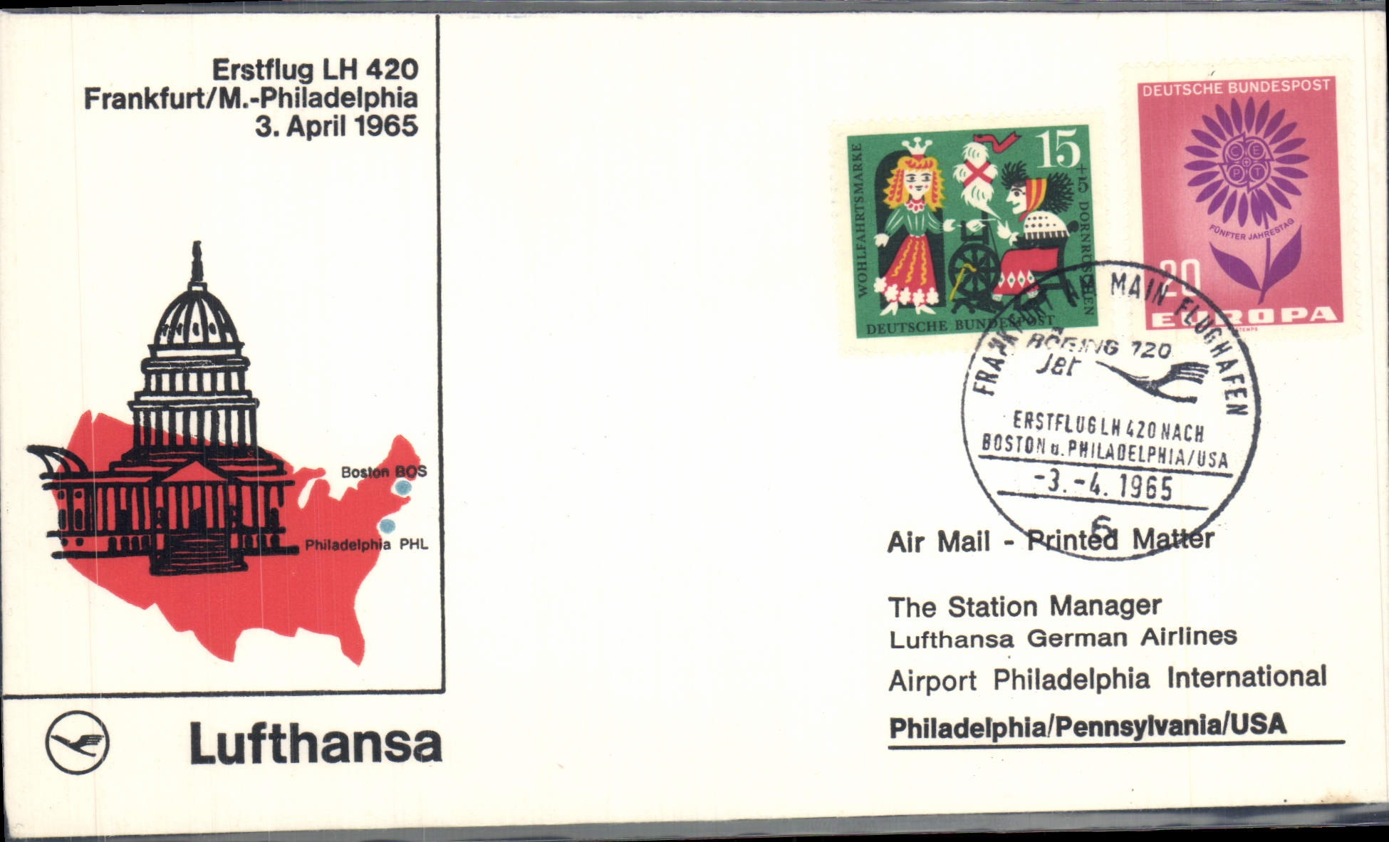 Letter the United States 1st Flight Frankfurt Philadelphia 3 4 1965