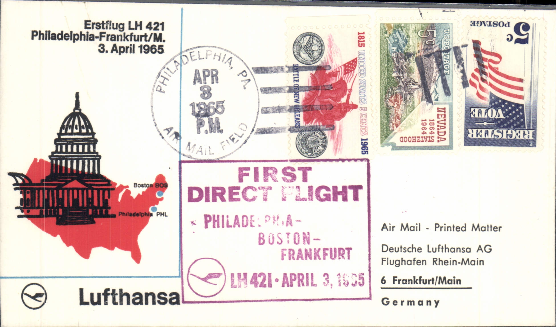 Lettre Etats Unis Philadelphia Frankfurt 3 4 1965