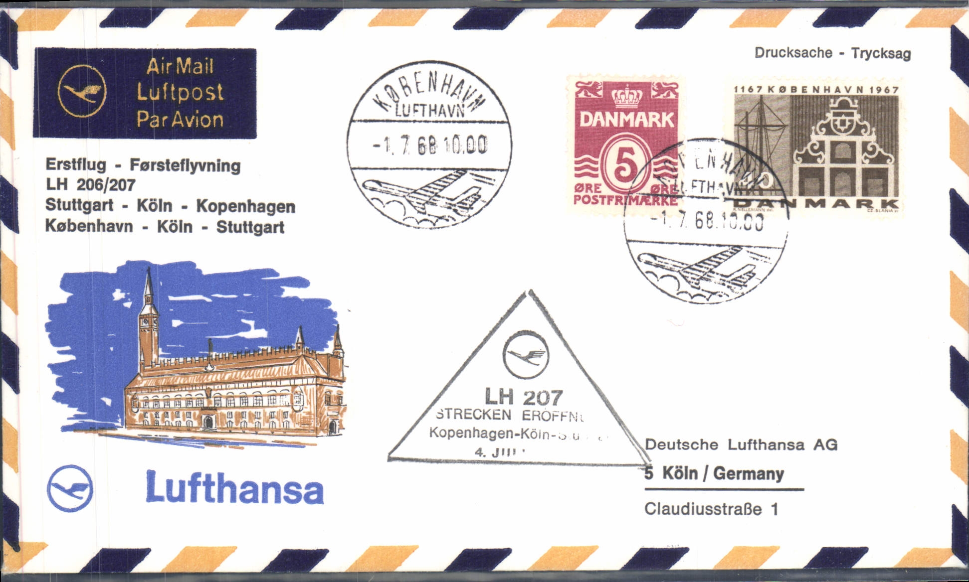 Lettre Danemark Stuttgart Koln Kopenhagen 1 7 1968 Lufthansa