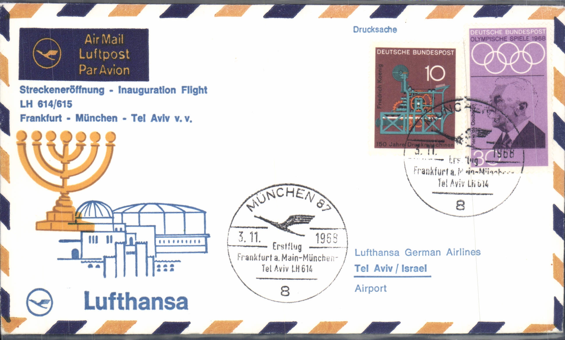 Lettre Allemagne Frankfurt Munchen Tel Aviv Israel 3 11 1968 Lufthansa Jeux olympiques