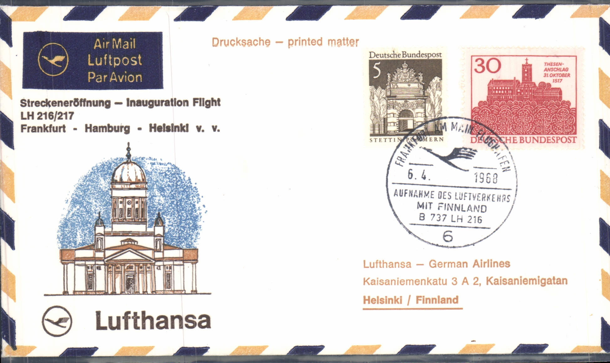 Lettre Frankfurt Hamburg Helsinki 6 4 1968 Lufthansa