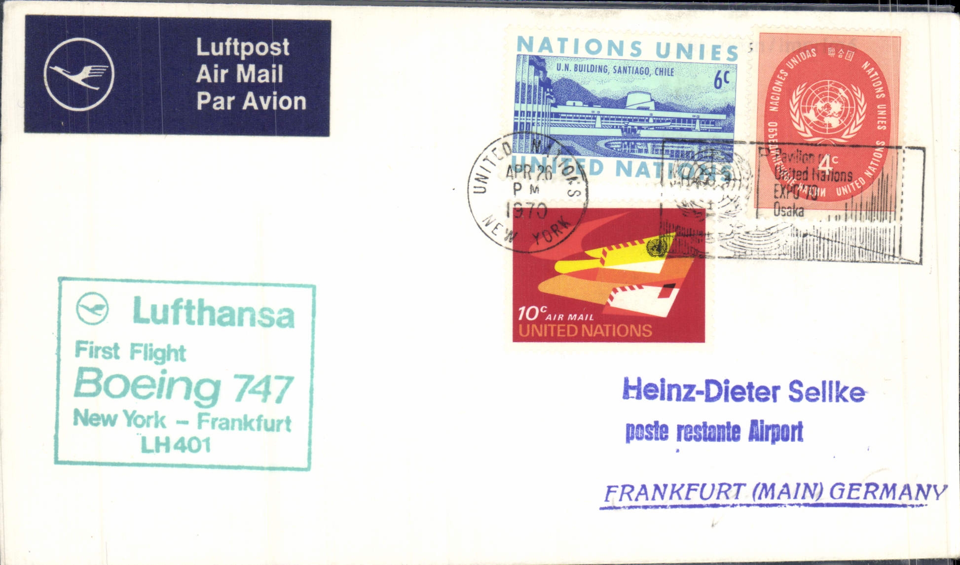 Letter the United Nations New York Frankfurt Boeing 747 1st flight 26 4 1970
