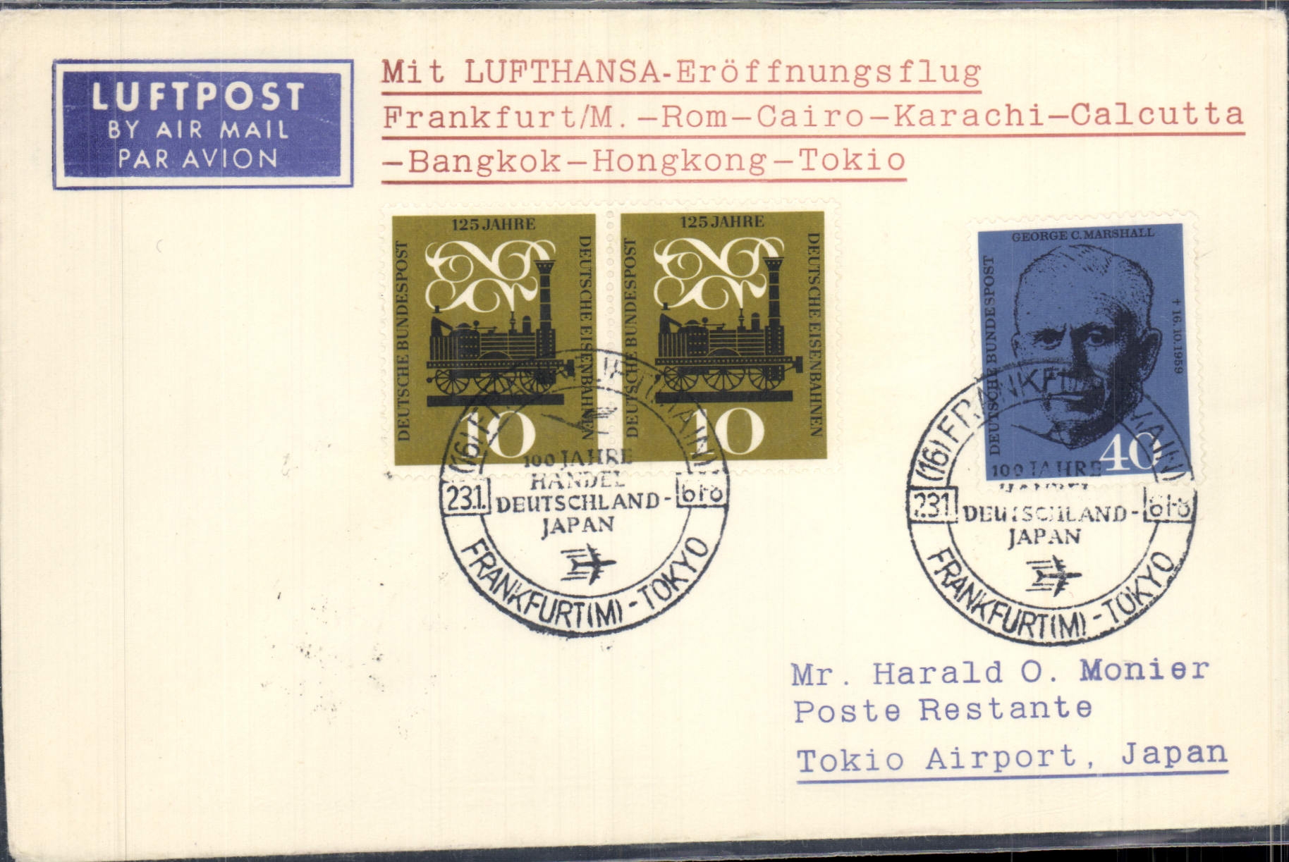 Letter Romanian Frankfurt CAiro Karachi Calcutta Bangkok HongKong Tokio 23 1 1961