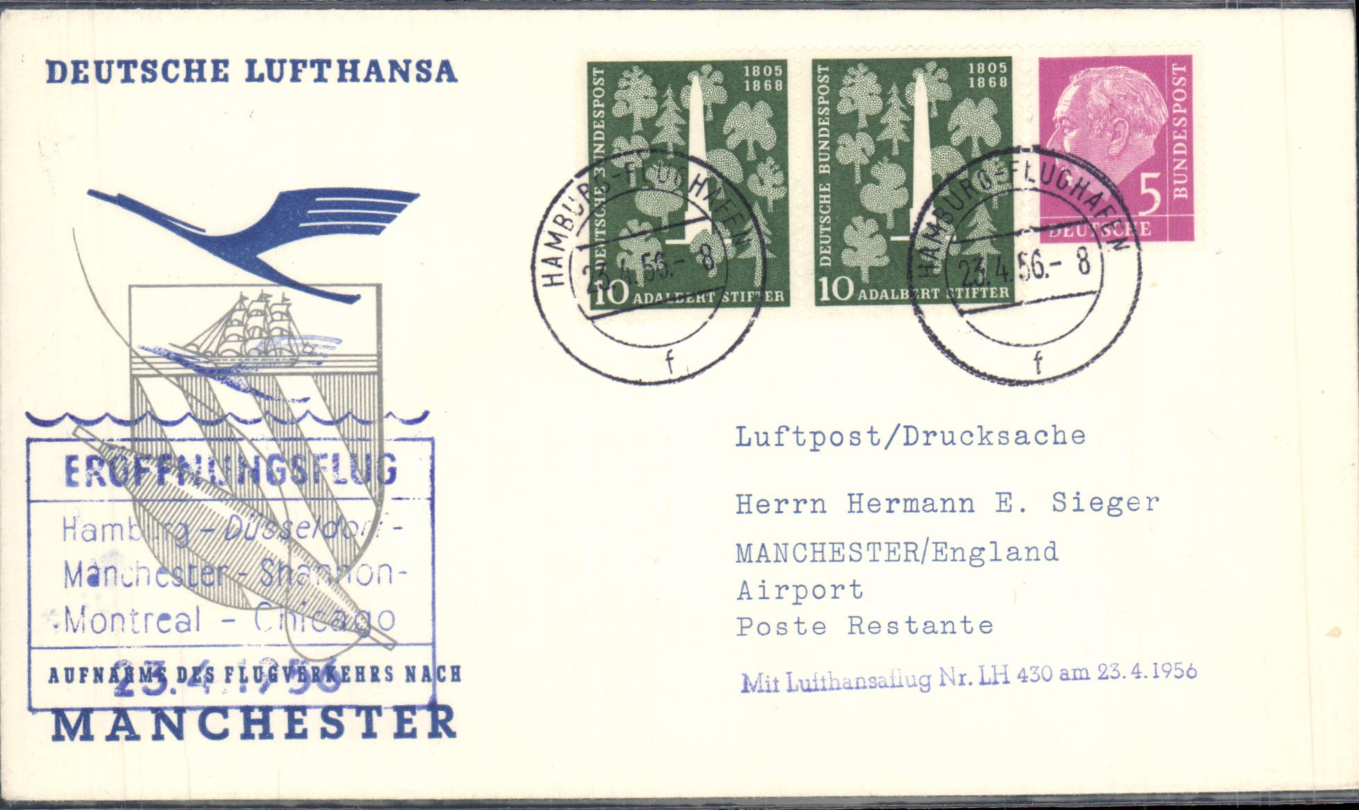 Lettre Hamburg Dusseldorf Chicago Manchester Lufthansa 23 4 56
