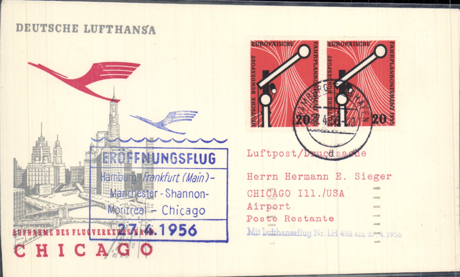 Lettre Hamburg Chicago 28 4 1956 Lufthansa