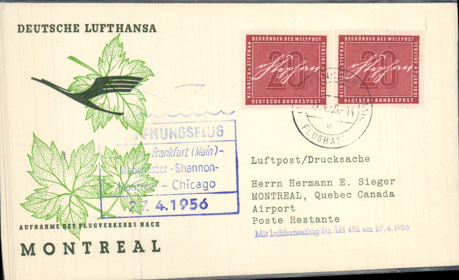 Letter Frankfurt Chicago Montreal 27 4 56 Lufthansa