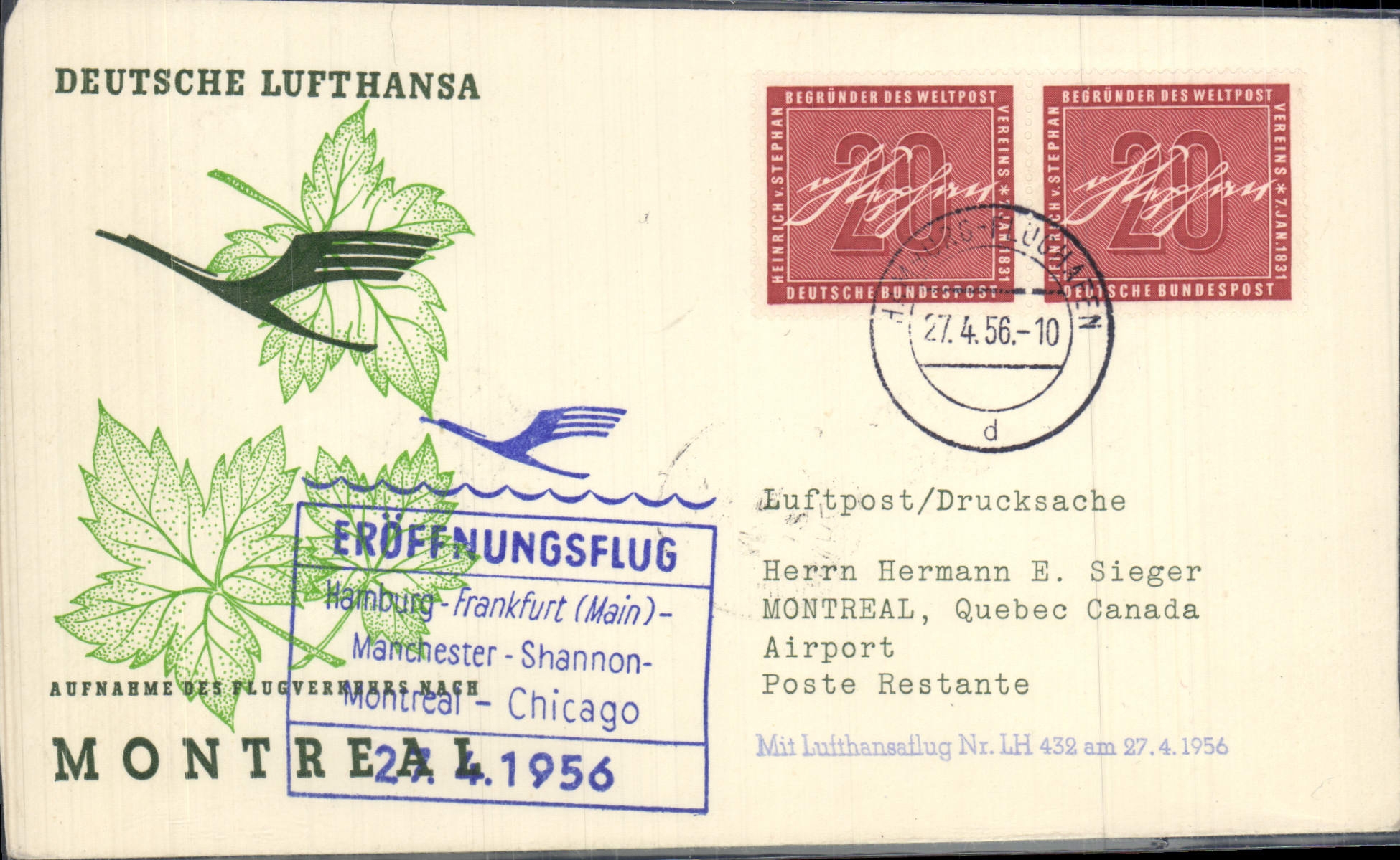 Lettre Hamburg Chicaho Lufthansa 27 4 56 