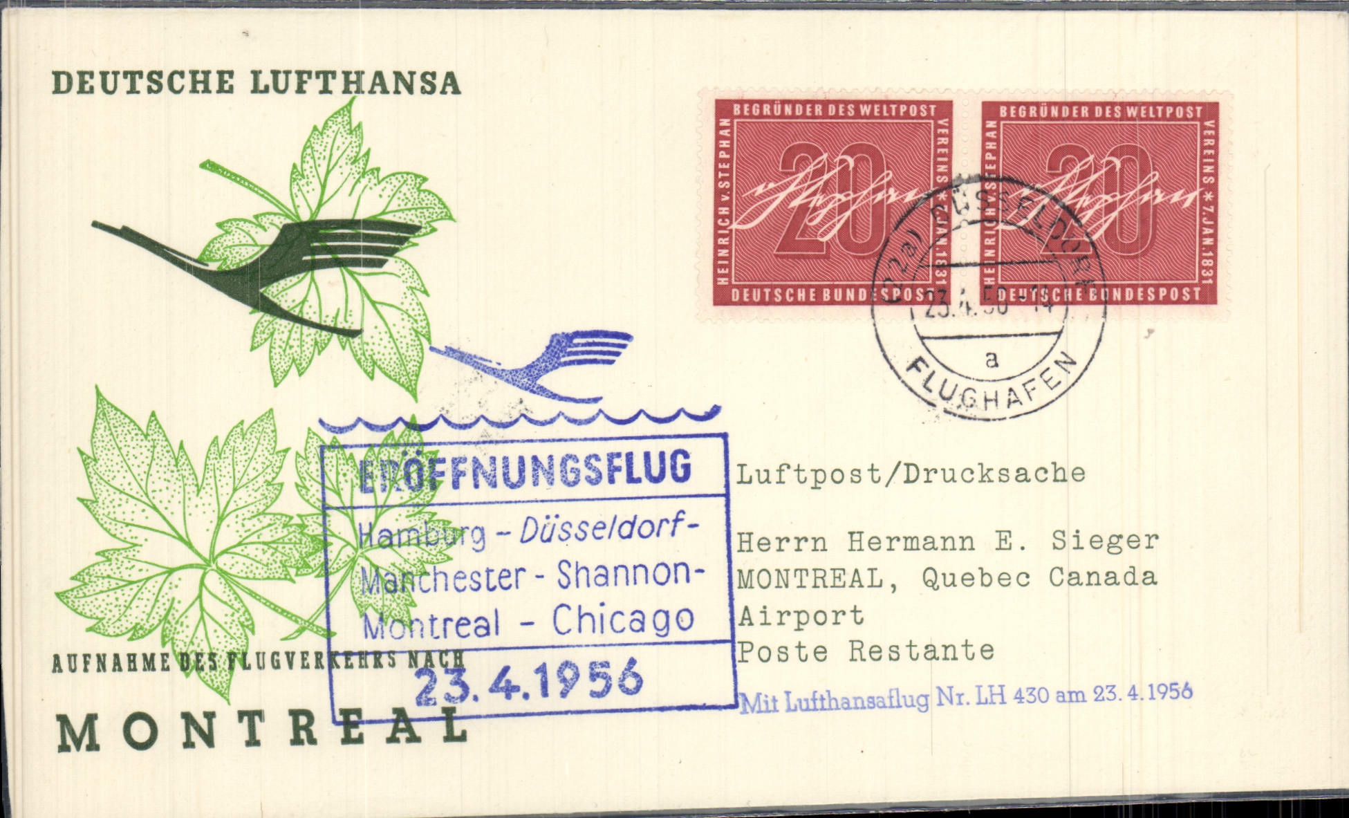 Letter Hamburg Chicaho Montreal 23 4 1956 Lufthansa