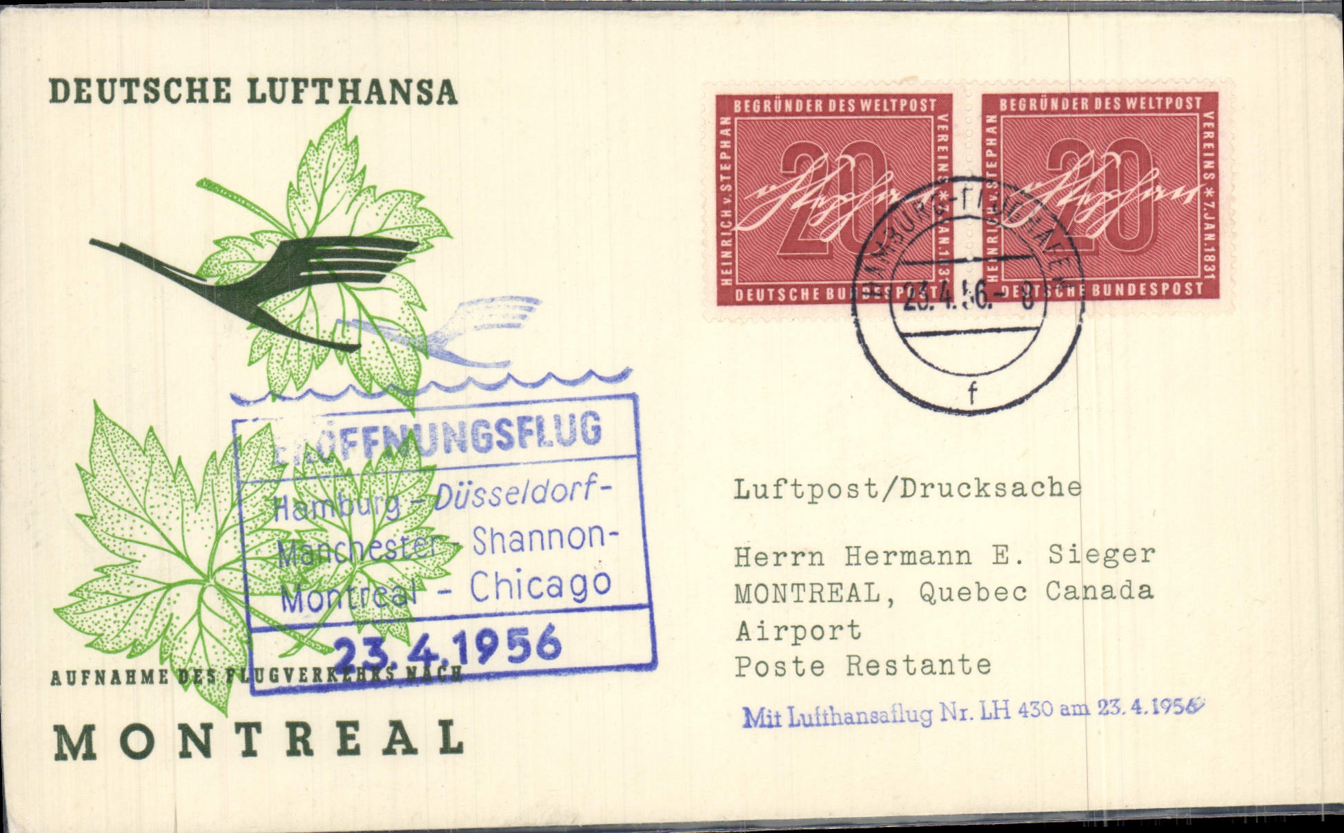 Lettre Hamburg Chicago Montreal 23 4 1956 Lufthansa