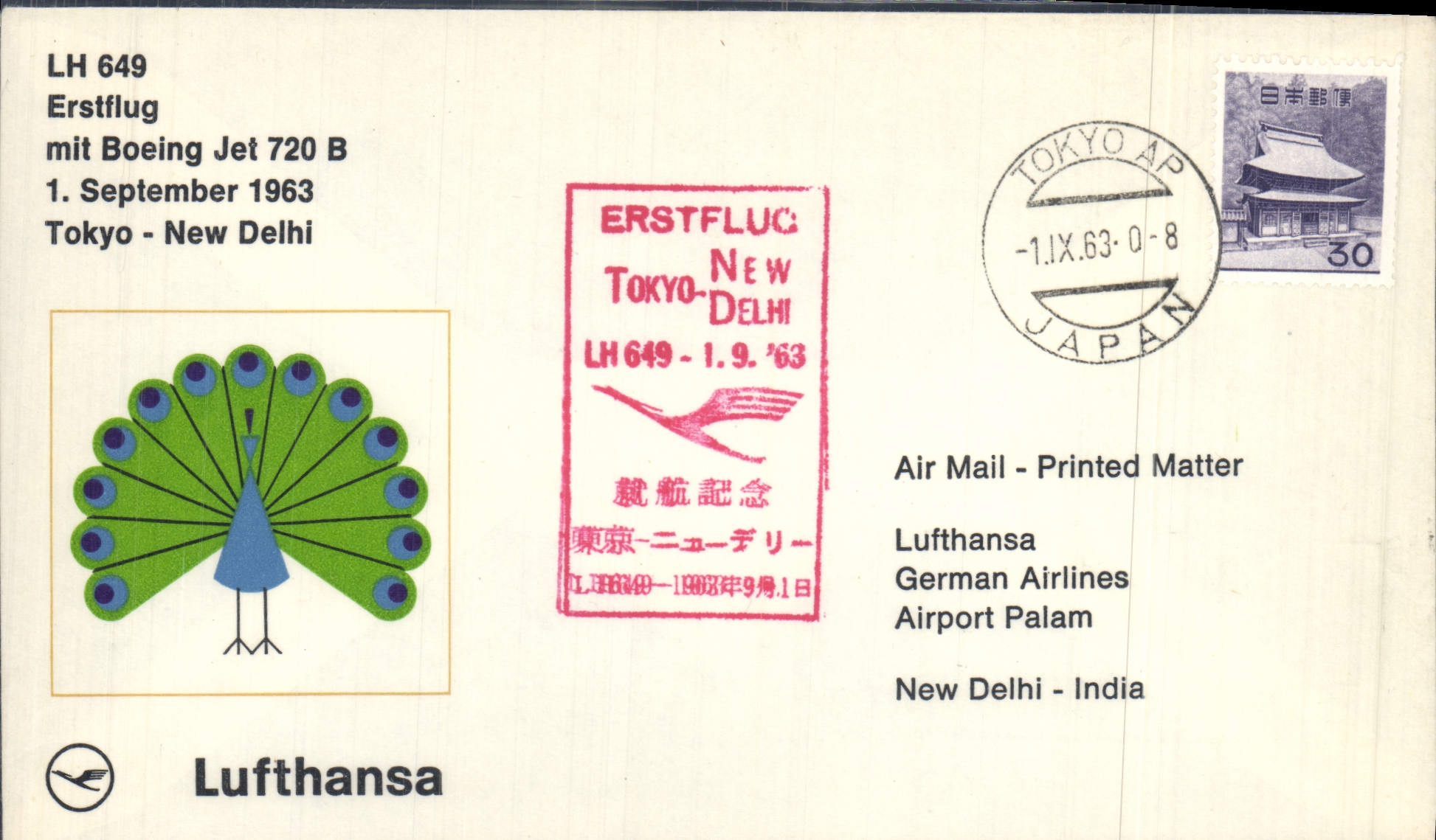 Letter Tokyo New Delhi 1 9 1963 Boeing Jet 720 B Lufthansa