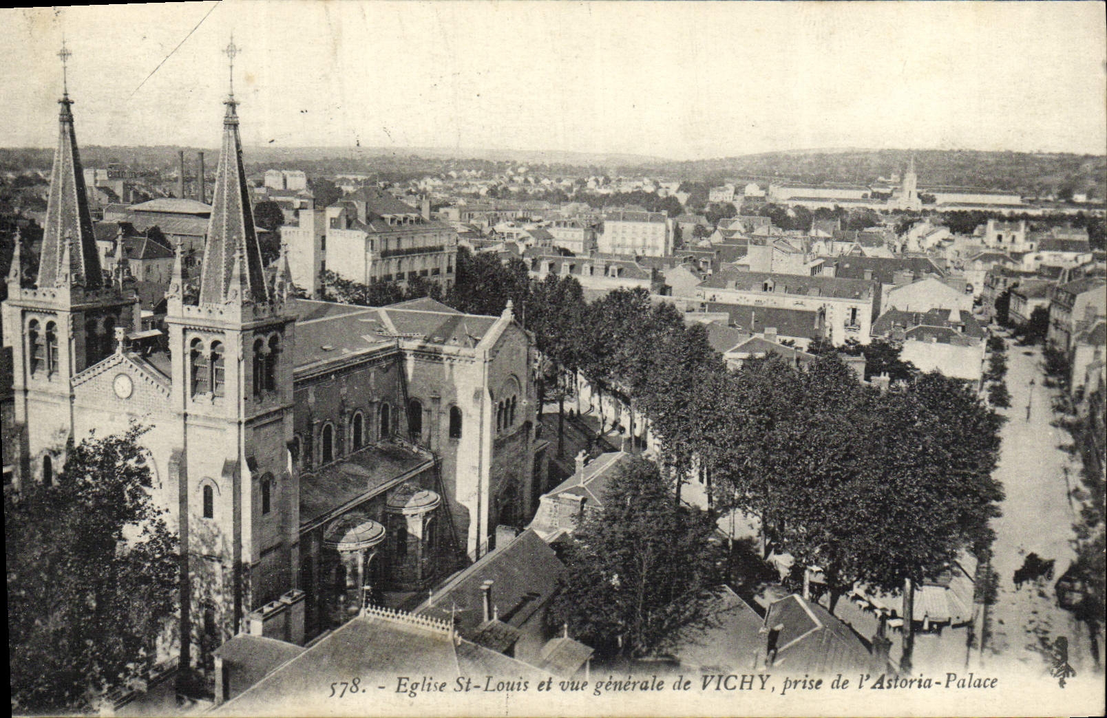 VINTAGE POSTCARD Vichy Church St Louis and View of Vichy taken of Astoria De luxe hotel