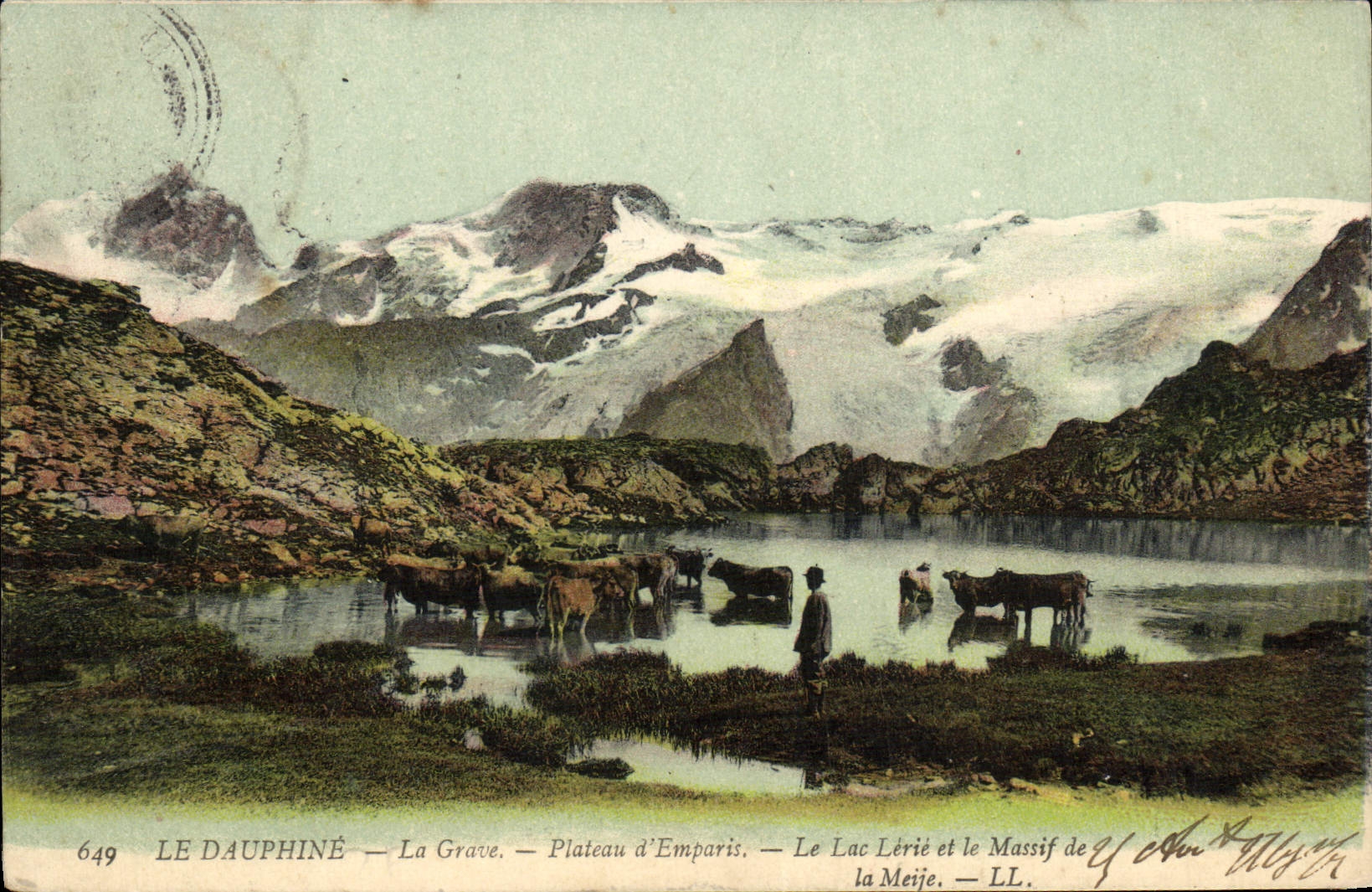 VINTAGE POSTCARD Dauphine the Serious Plate D' Emparis the Lake Lerie And Solid mass Of Meije Cows
