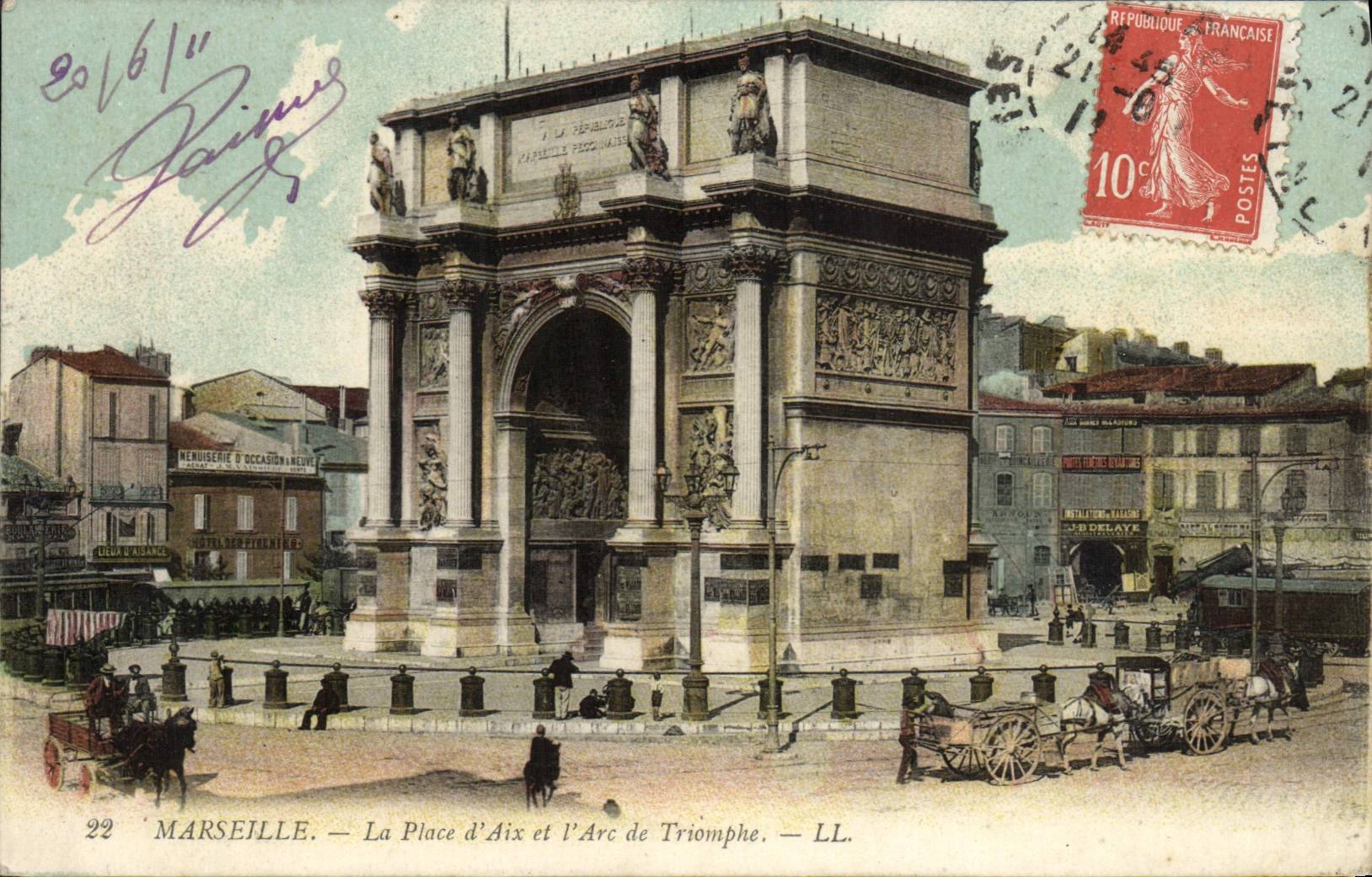 CPA Marseille La Place D'Aix Et l'Arc De Triomphe