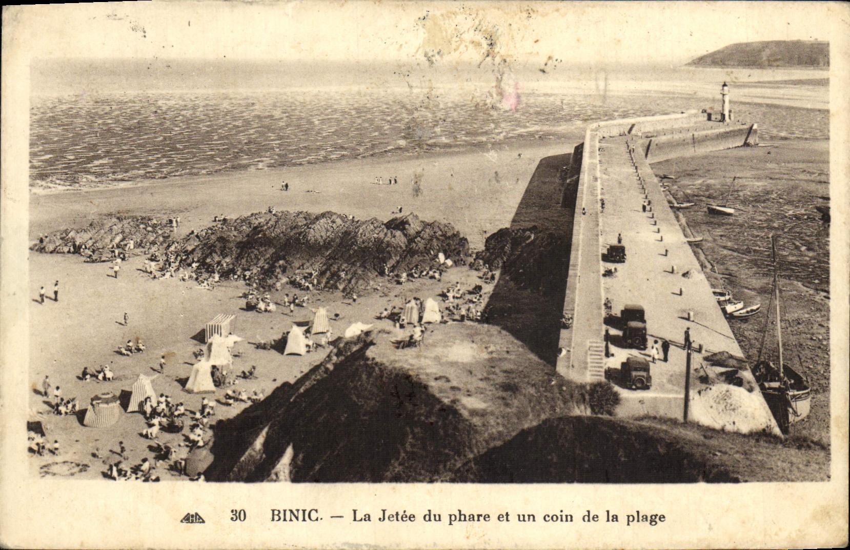 POSTAL Binic de la VENDIMIA el embarcadero de la linterna y una esquina de la playa