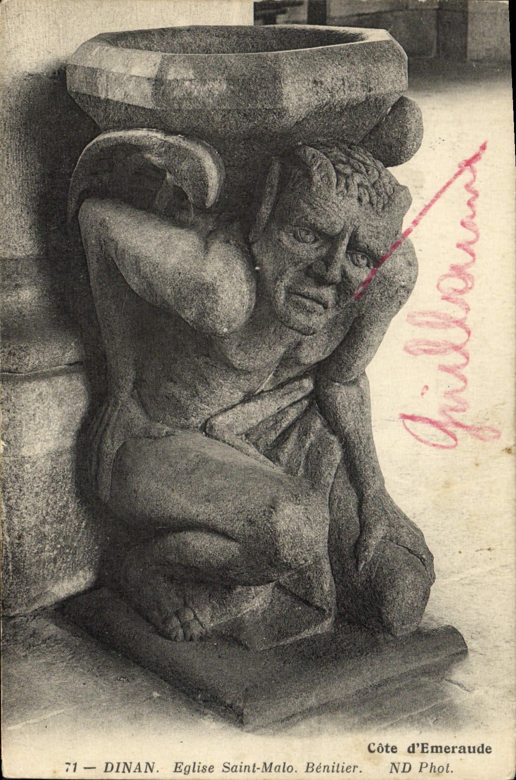 VINTAGE POSTCARD Dinan Church Saint Malo Stoup Devil