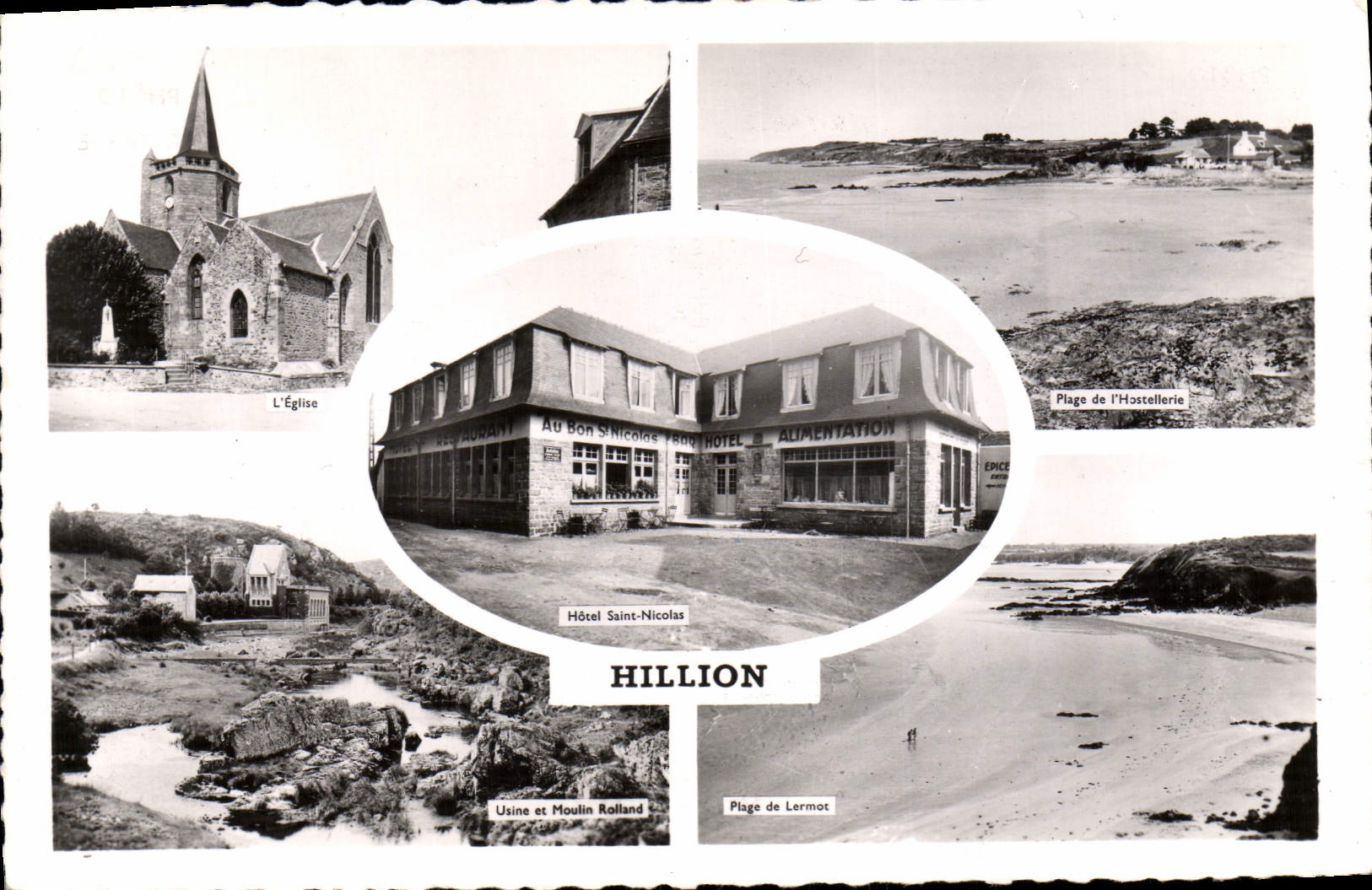 CPM Hillon L'eglise Usine et moulon Rolland Plage de l'Hostellerie Lermot Hotel St Nicolas