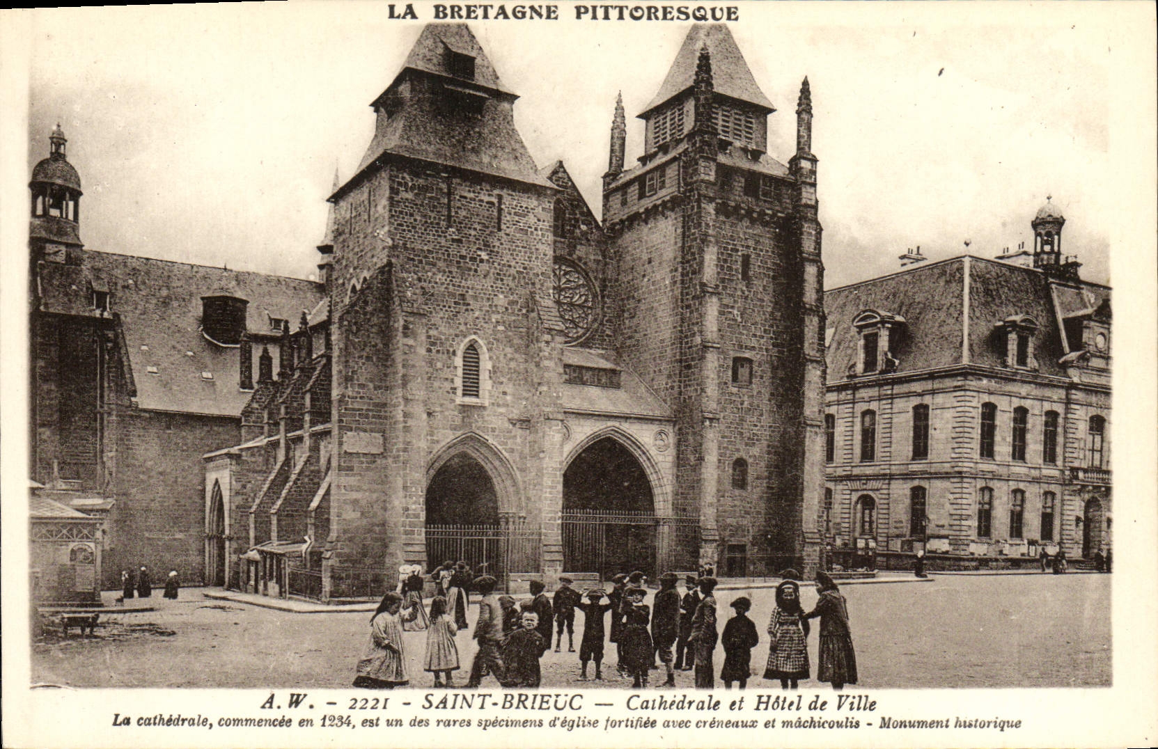 VINTAGE POSTCARD Picturesque Brittany Saint Brieuc Cathedral And Town hall Children