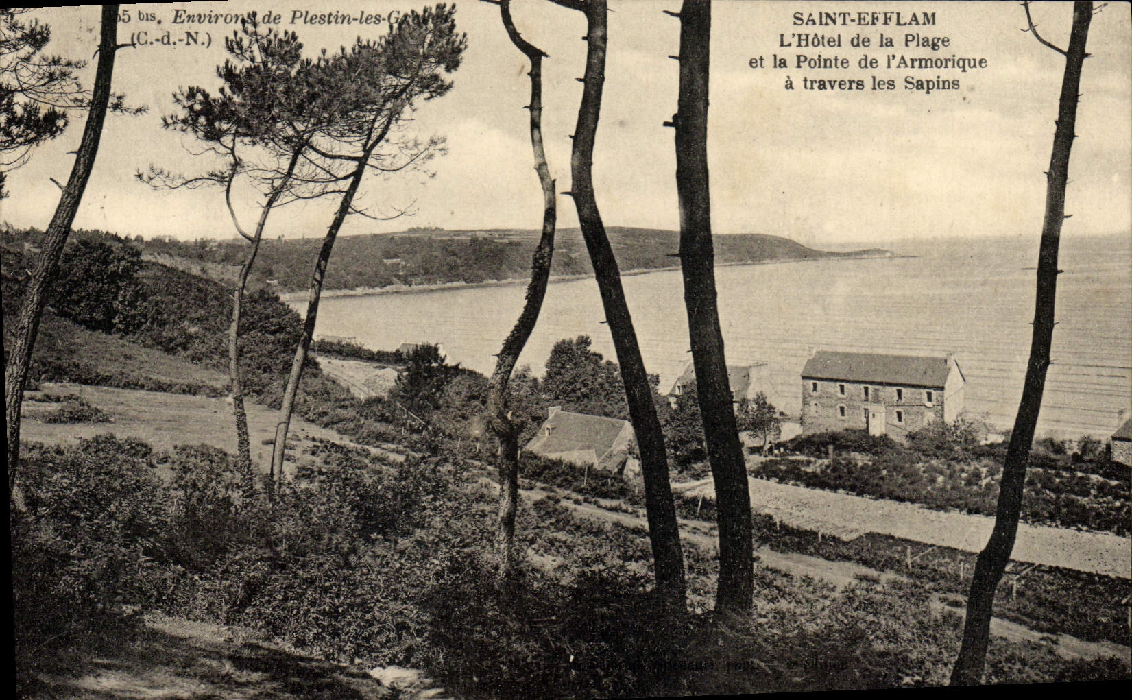 VINTAGE POSTCARD Surroundings De Plestin Gard Holy Efflam the Hotel Of the Beach And the Point of Armorique through the fir trees