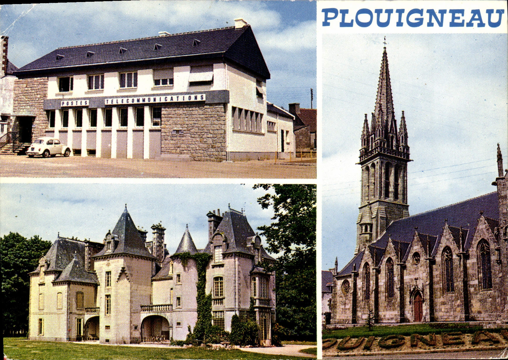 MODERN CARD Plouigneau the post office the castle of the wall and the church