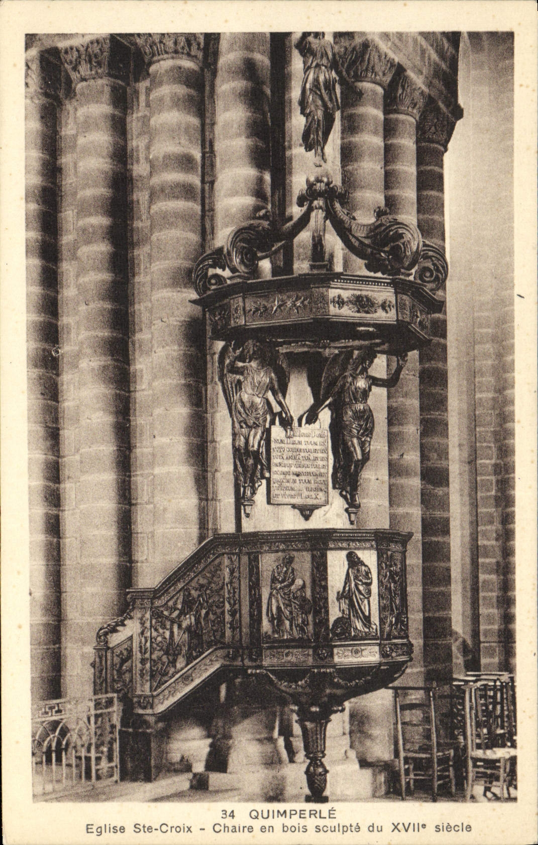 VINTAGE POSTCARD Quimperle Eglise co. Cross Pulpit out of wooden carves 17th