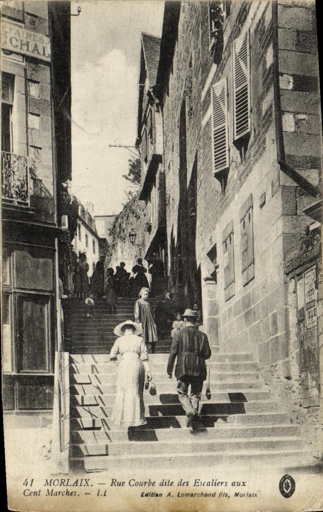 VINTAGE POSTCARD Morlaix Curved Street known as of the Staircases at the hundred steps Children