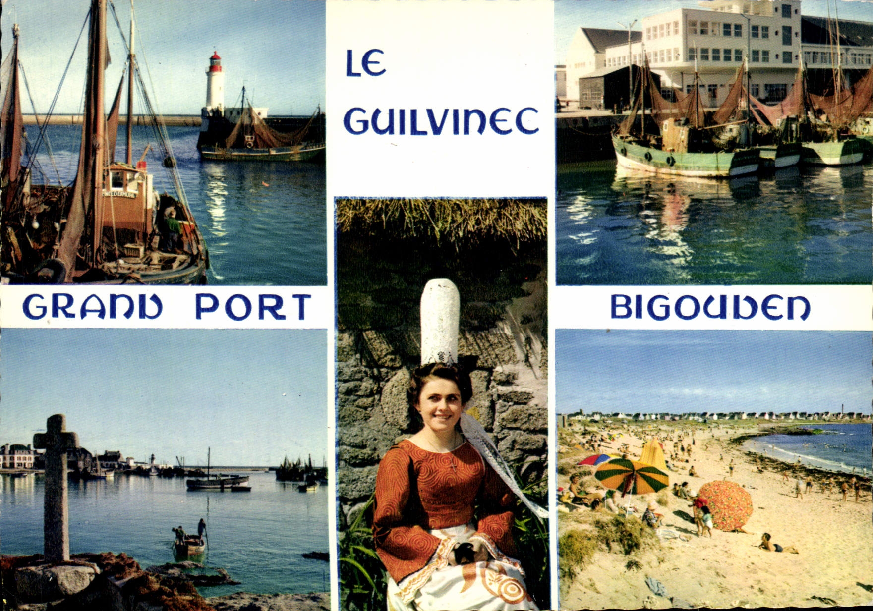 CPM Le Guilvinec Le Port la criee la plage et une jeune fille en costume bigouden Folklore