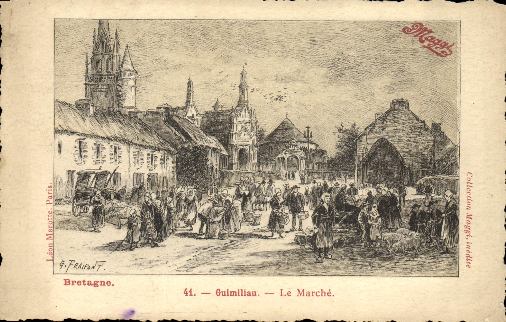 Publicidad de Maggi del mercado de Guimiliau de la POSTAL de la VENDIMIA