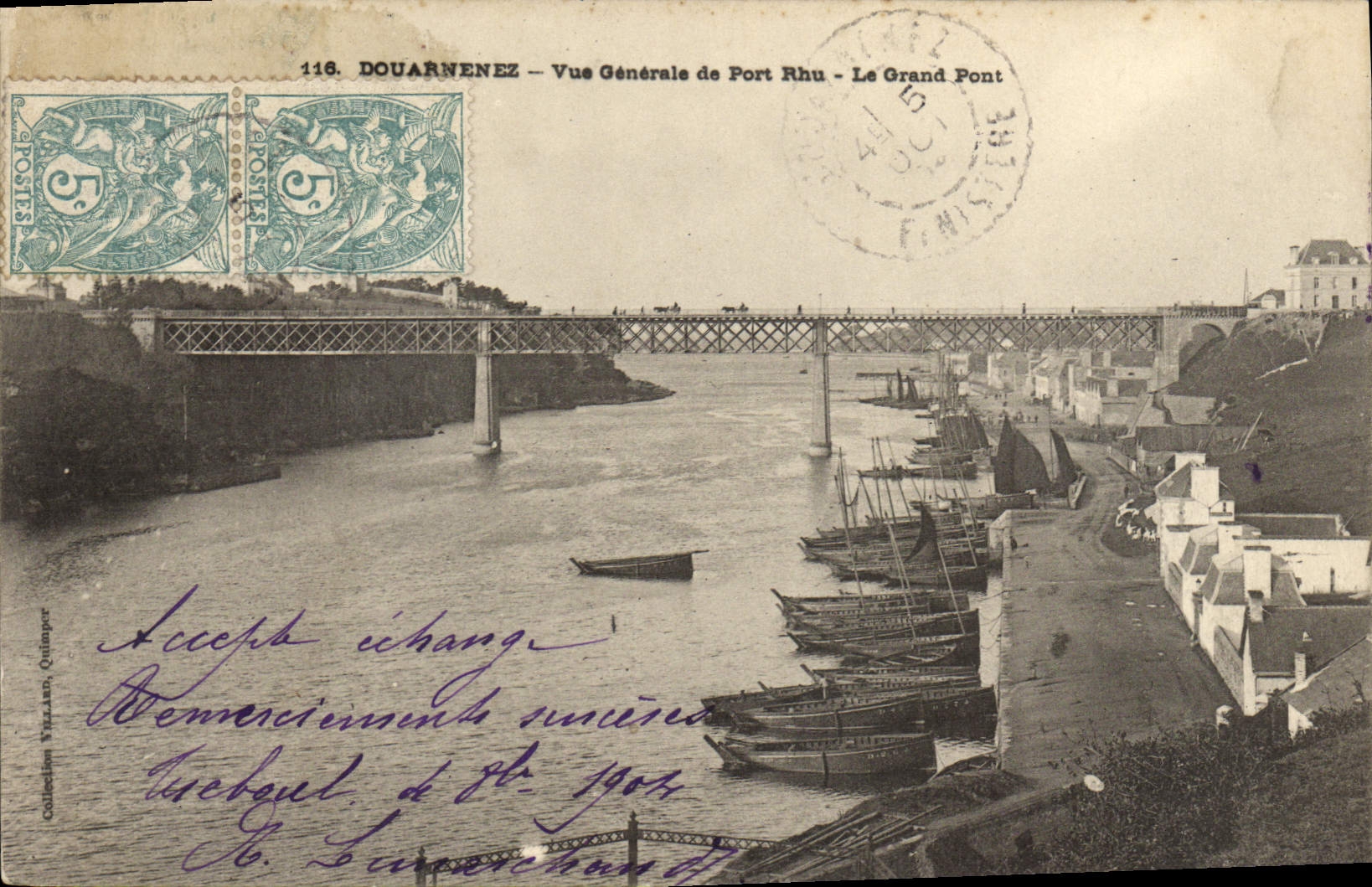 VINTAGE POSTCARD Douarnenez View of Rhu Port the Large Bridge Boats
