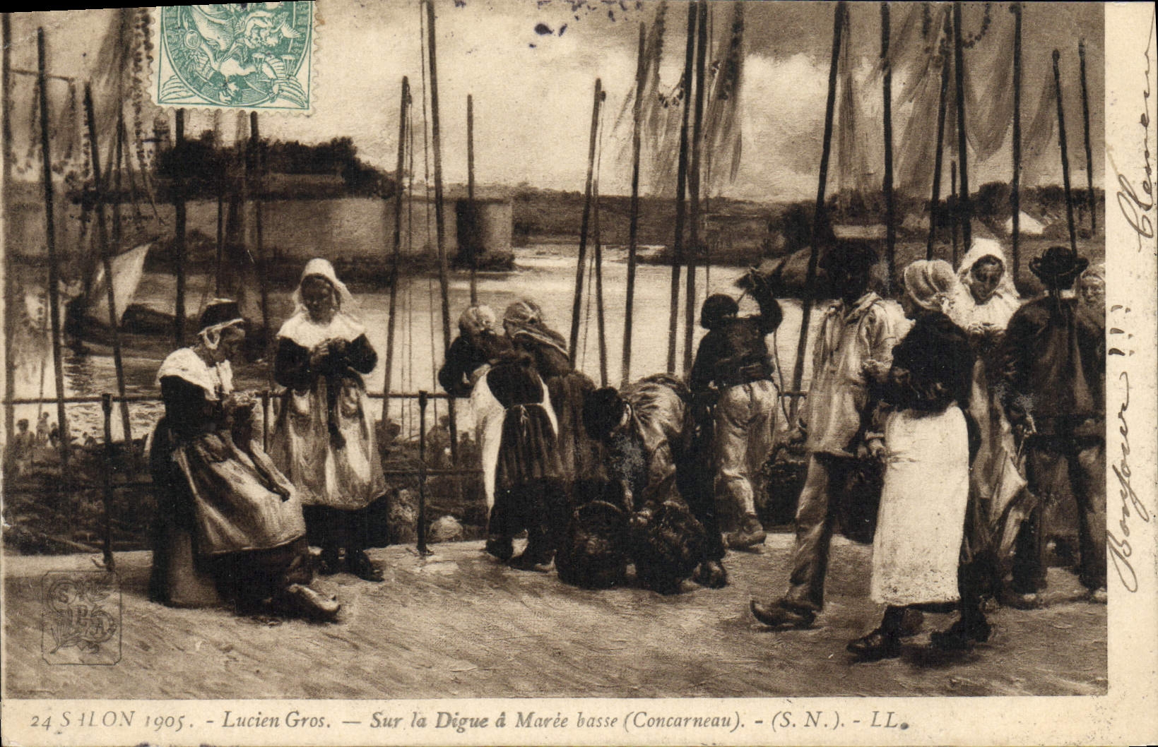 VINTAGE POSTCARD Salon 1905 Lucien Gros On the Dam has low Marie Concarneau Bateaux