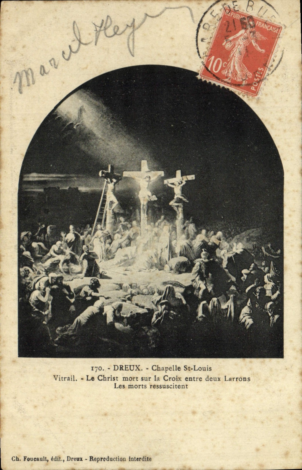 CPA Dreux Chapelle St Louis Vitrail Le christ Mort Sur La Croix Entre Deux Larrons Les morts ressuscitent