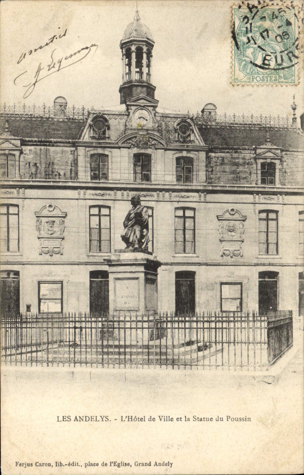 VINTAGE POSTCARD Andelys the Town hall and the Statue of Chick