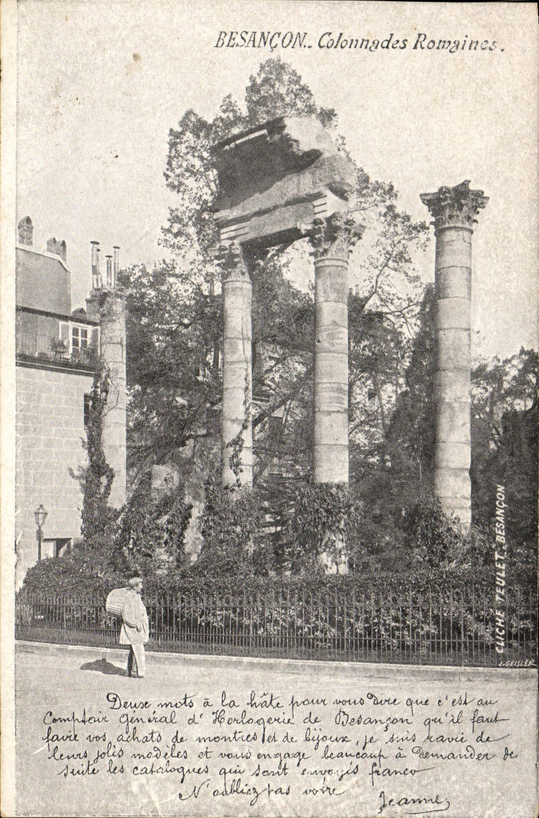 VINTAGE POSTCARD Besancon Colonnades Roman Publicite General Counter of Horloge clock industry Shows Stop watch Insect Abaill Wasp