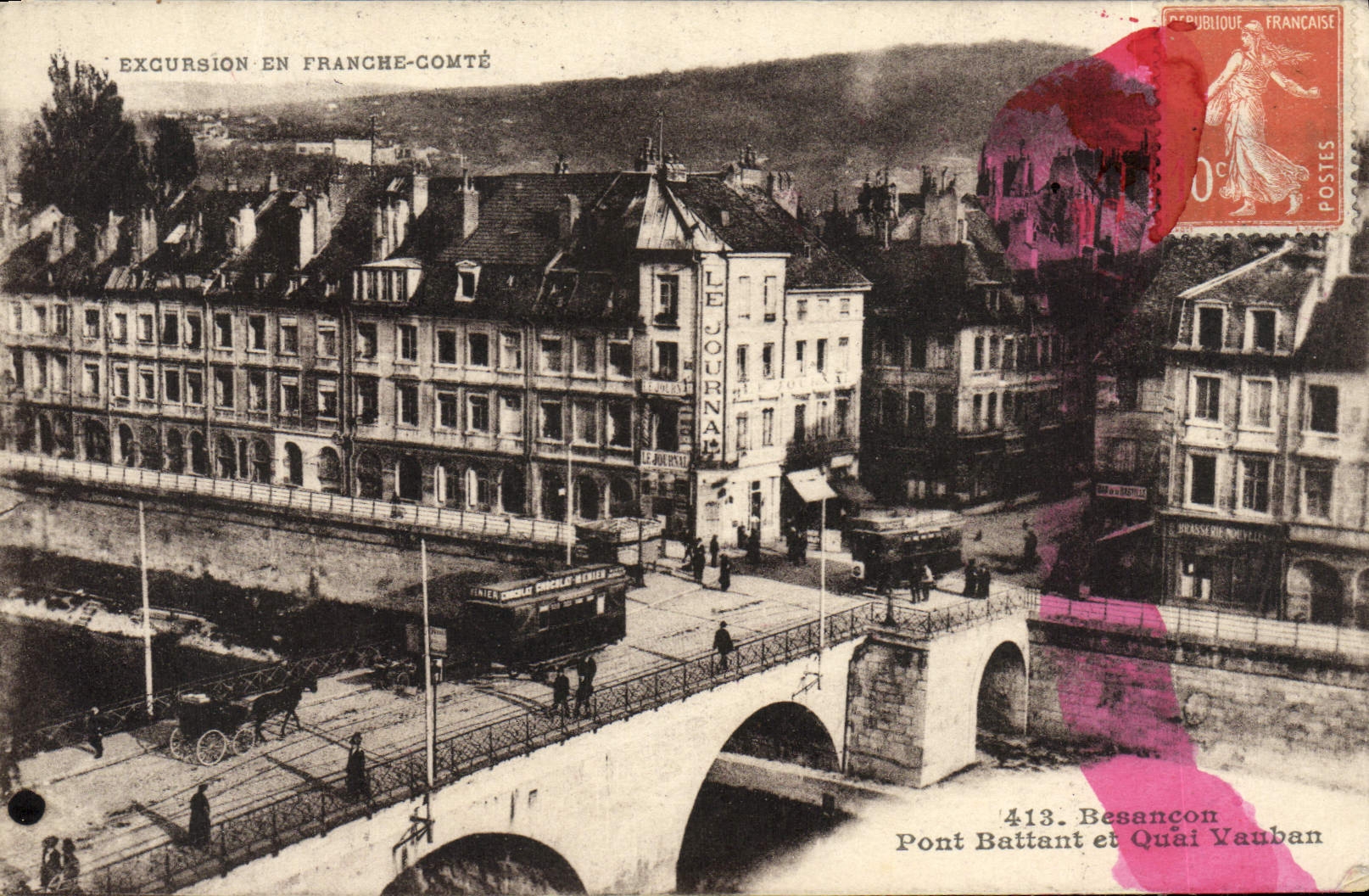 VINTAGE POSTCARD Besancon beating Bridge and Vauban quay