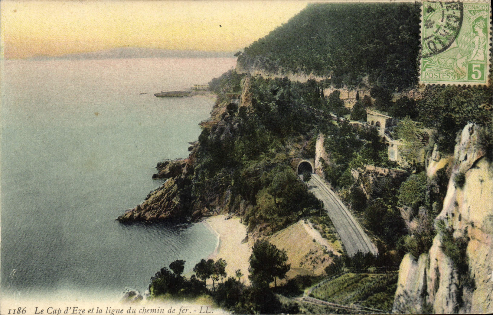 POSTAL de la VENDIMIA el d Eze del cabo y la línea del ferrocarril