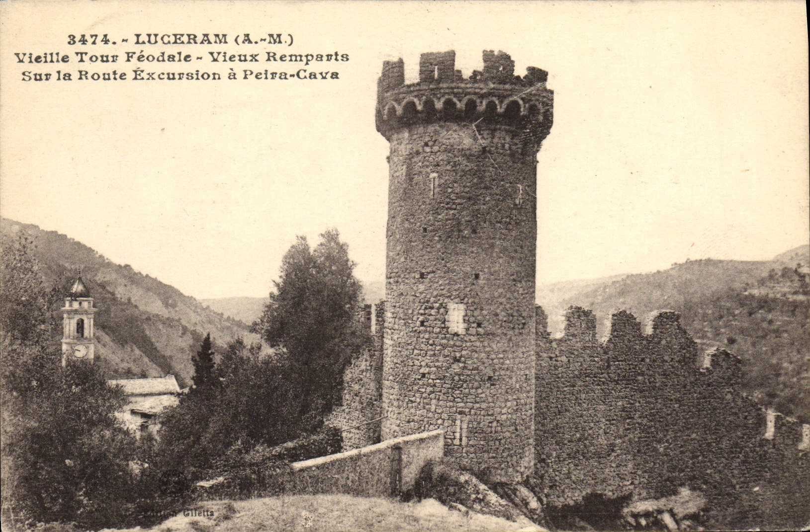 Las paredes feudales del viejo hombre de la torre de Luceram Vieille de la POSTAL de la VENDIMIA en la excursión del camino tienen Peira hundido