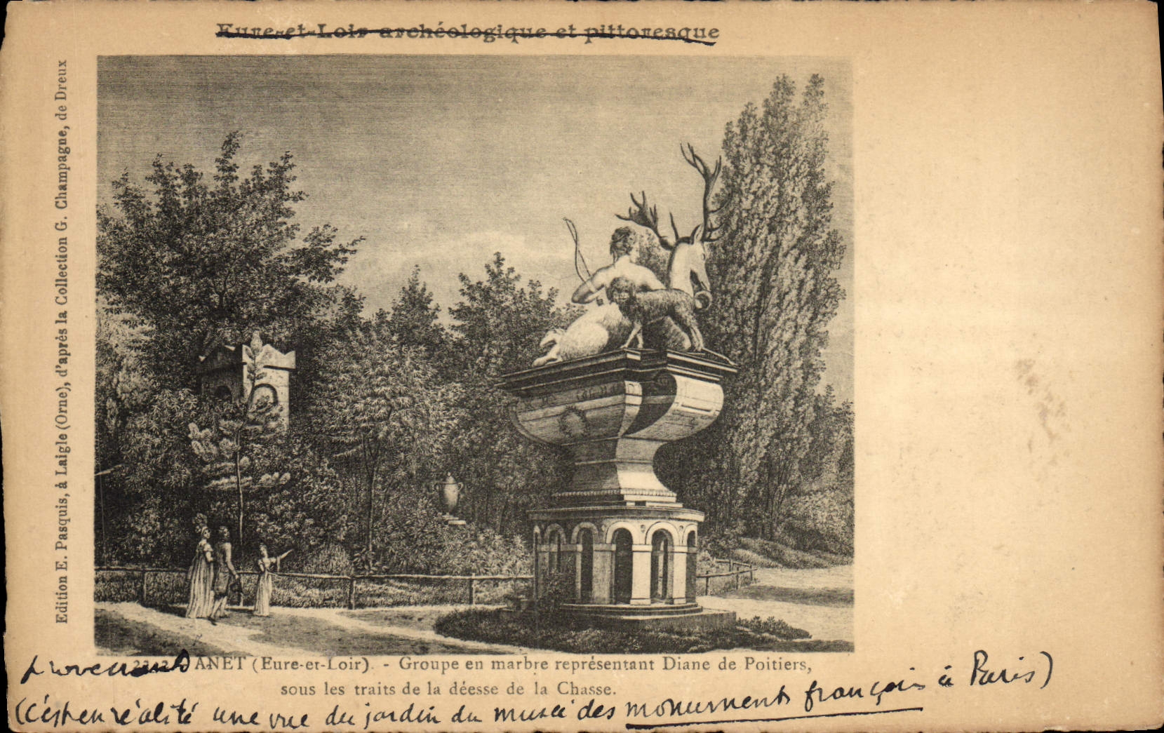 La POSTAL Anet Groupe de la VENDIMIA fuera del mármol representa Diane de Poitiers bajo características de la diosa de la caza