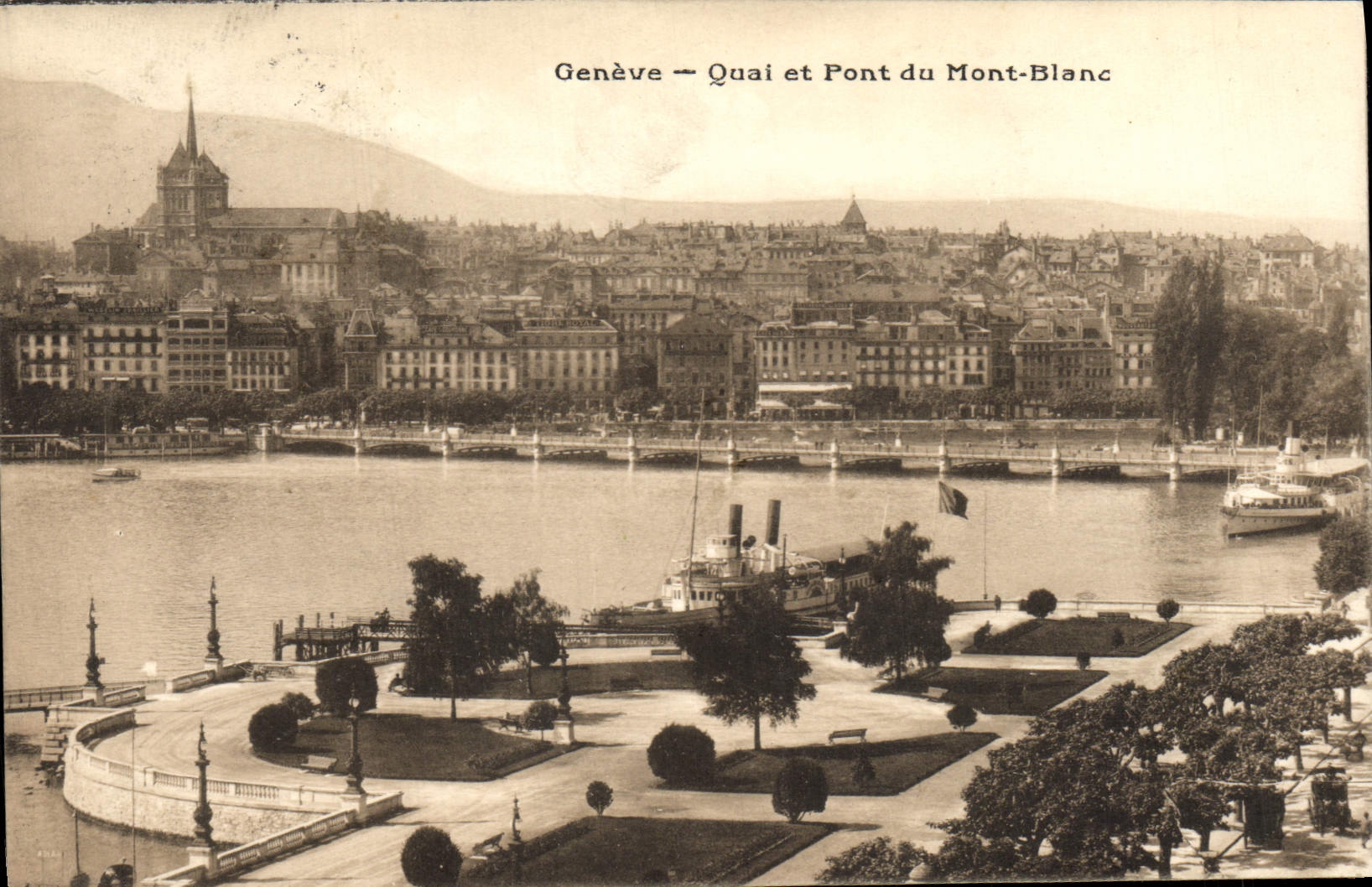 VINTAGE POSTCARD Geneva Quay and Bridge of Mont Blanc
