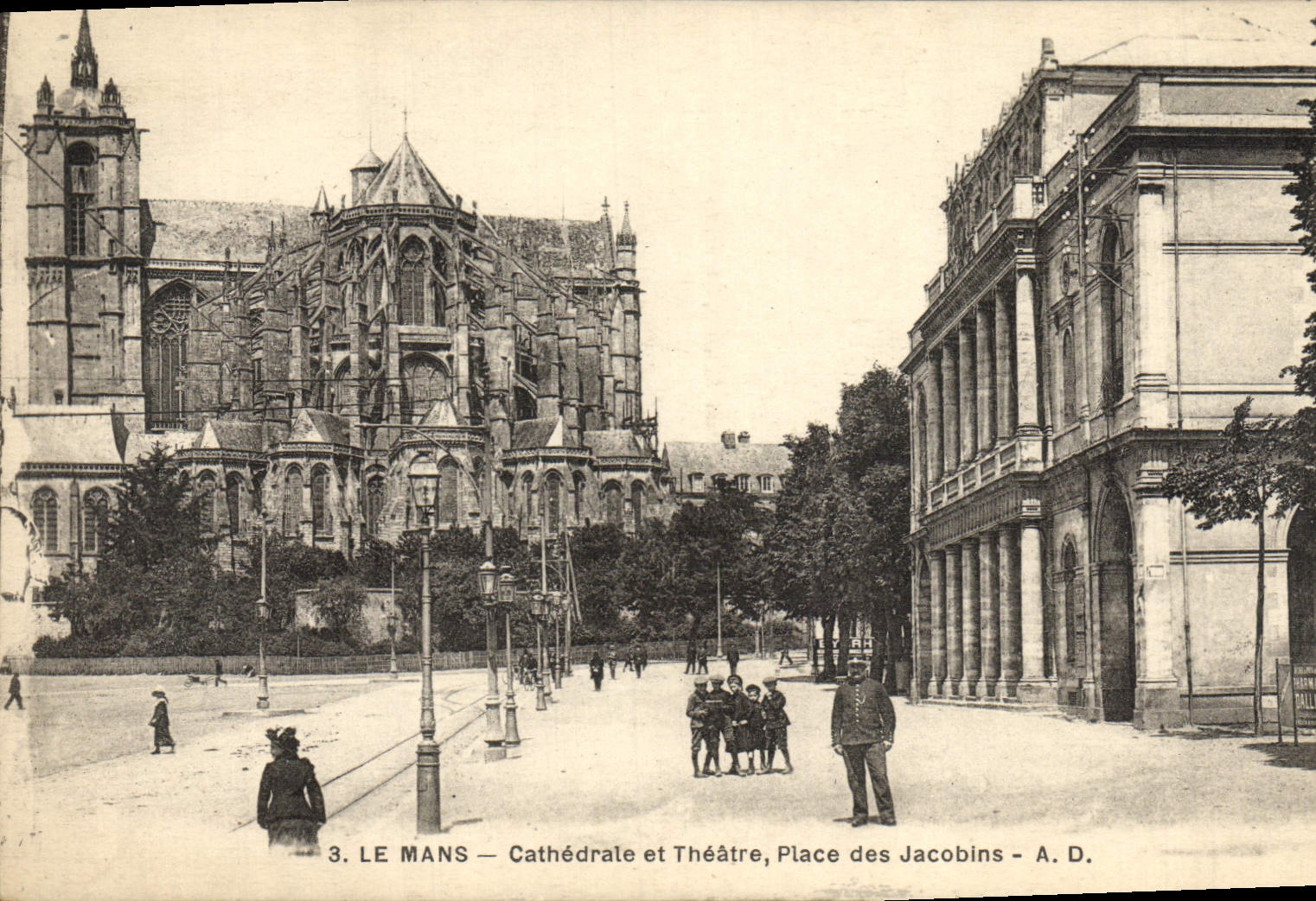 VINTAGE POSTCARD Mans Cathedral and Theater Place Jacobins