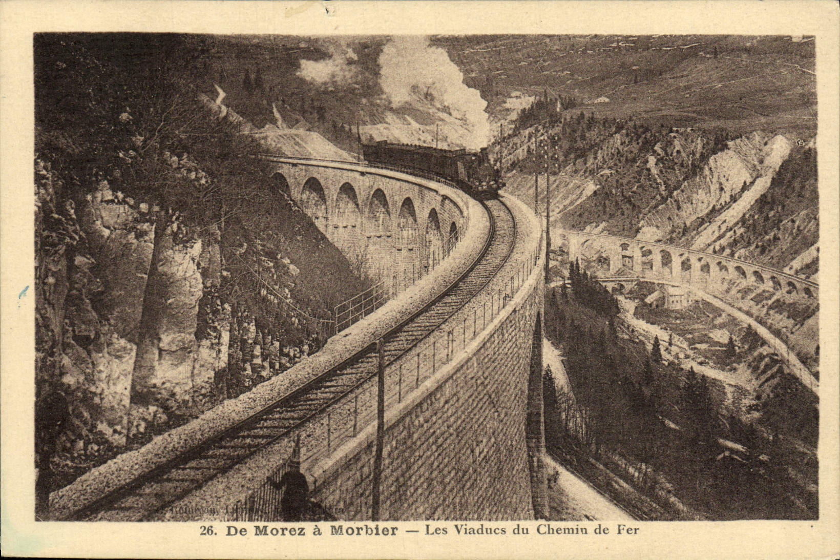 La POSTAL De Morez de la VENDIMIA tiene Morbier los viaductos del tren de ferrocarril