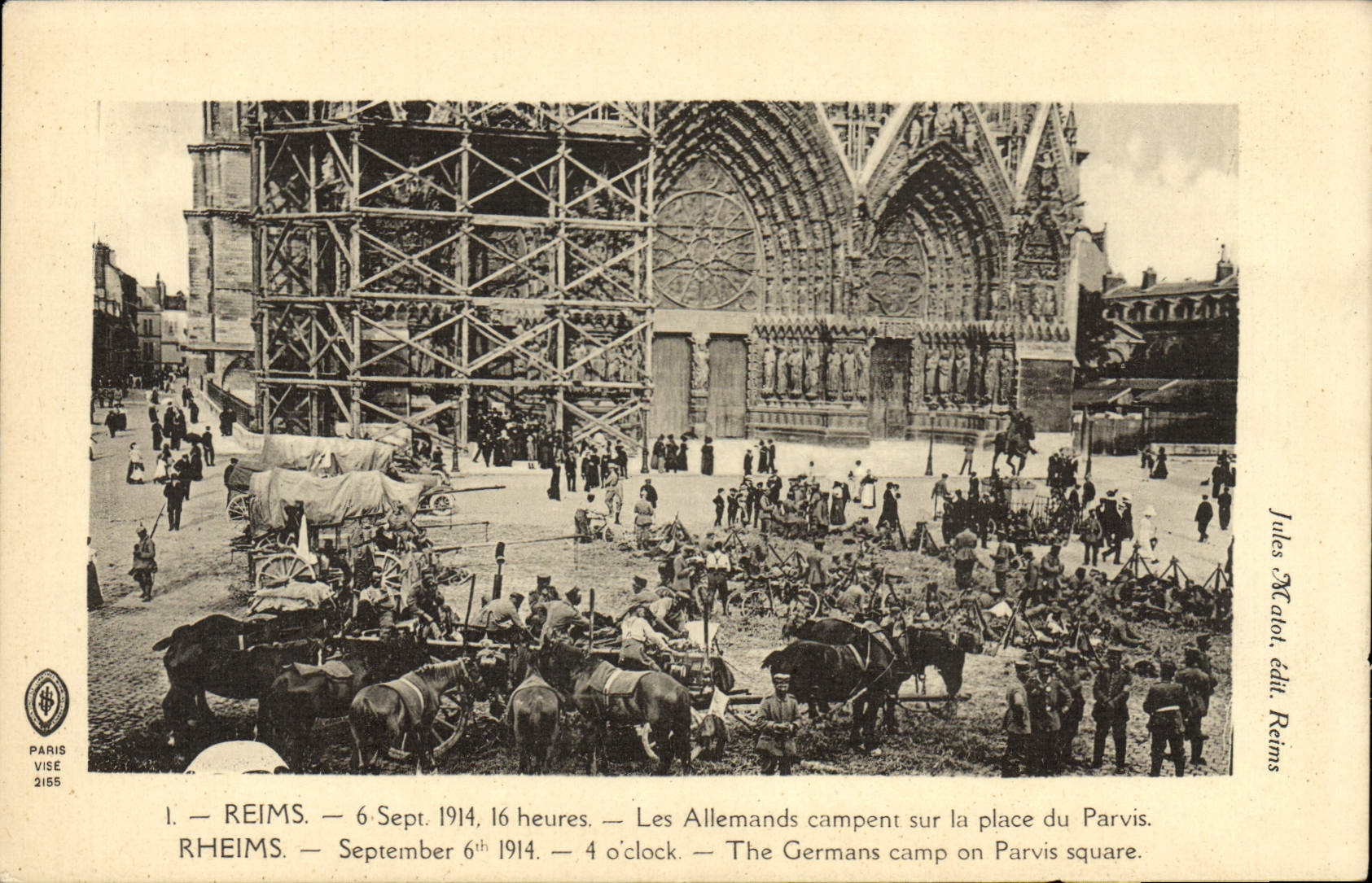 CPA Reims Les Allemands Campent sur la Place du Parvis Militaria Chevaux