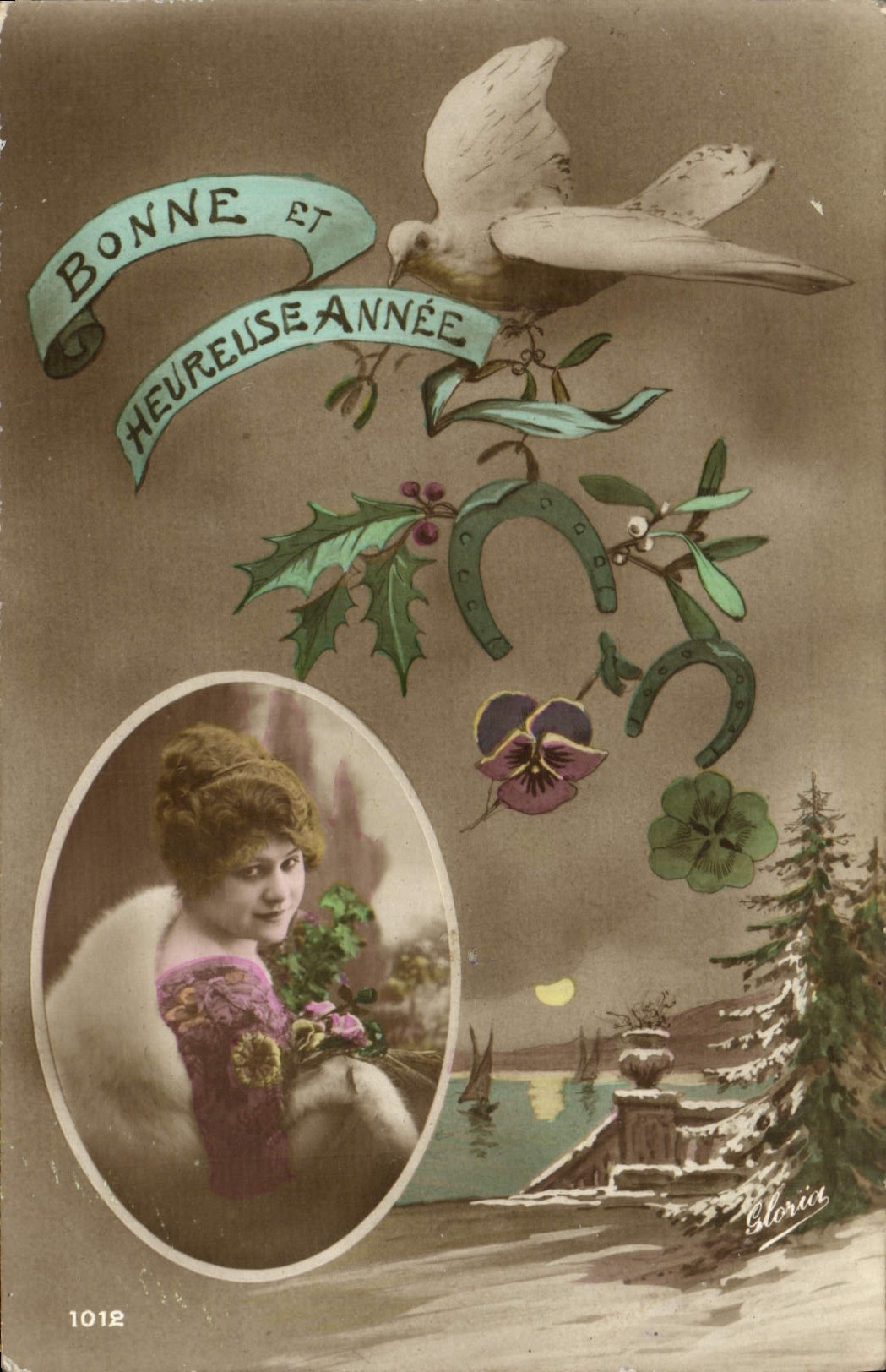 VINTAGE POSTCARD Fantaisie Woman Dove Horseshoe