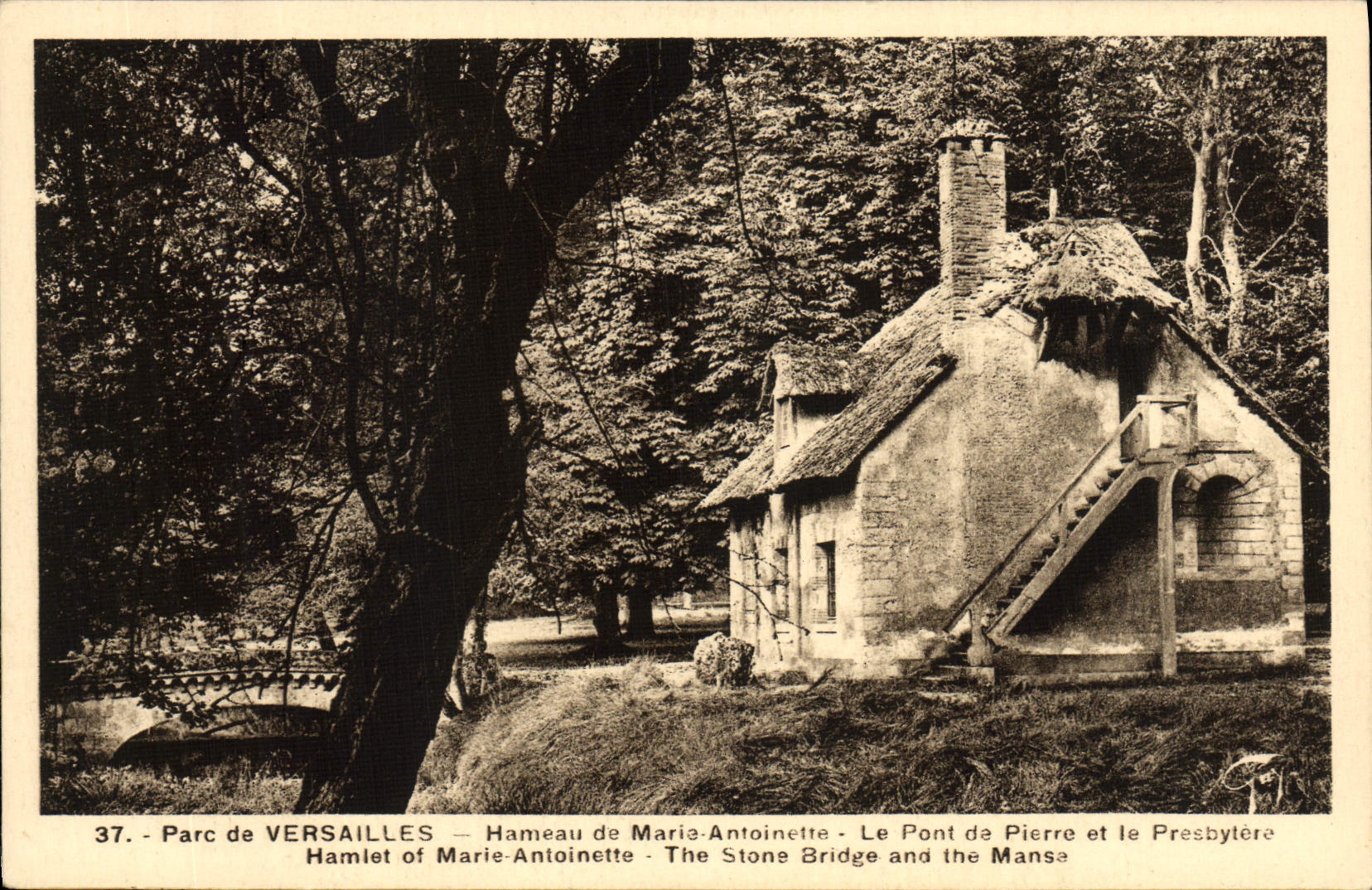 VINTAGE POSTCARD Park of Versailles Hamlet of Marie Antoinette the stone bridge and the presbytery