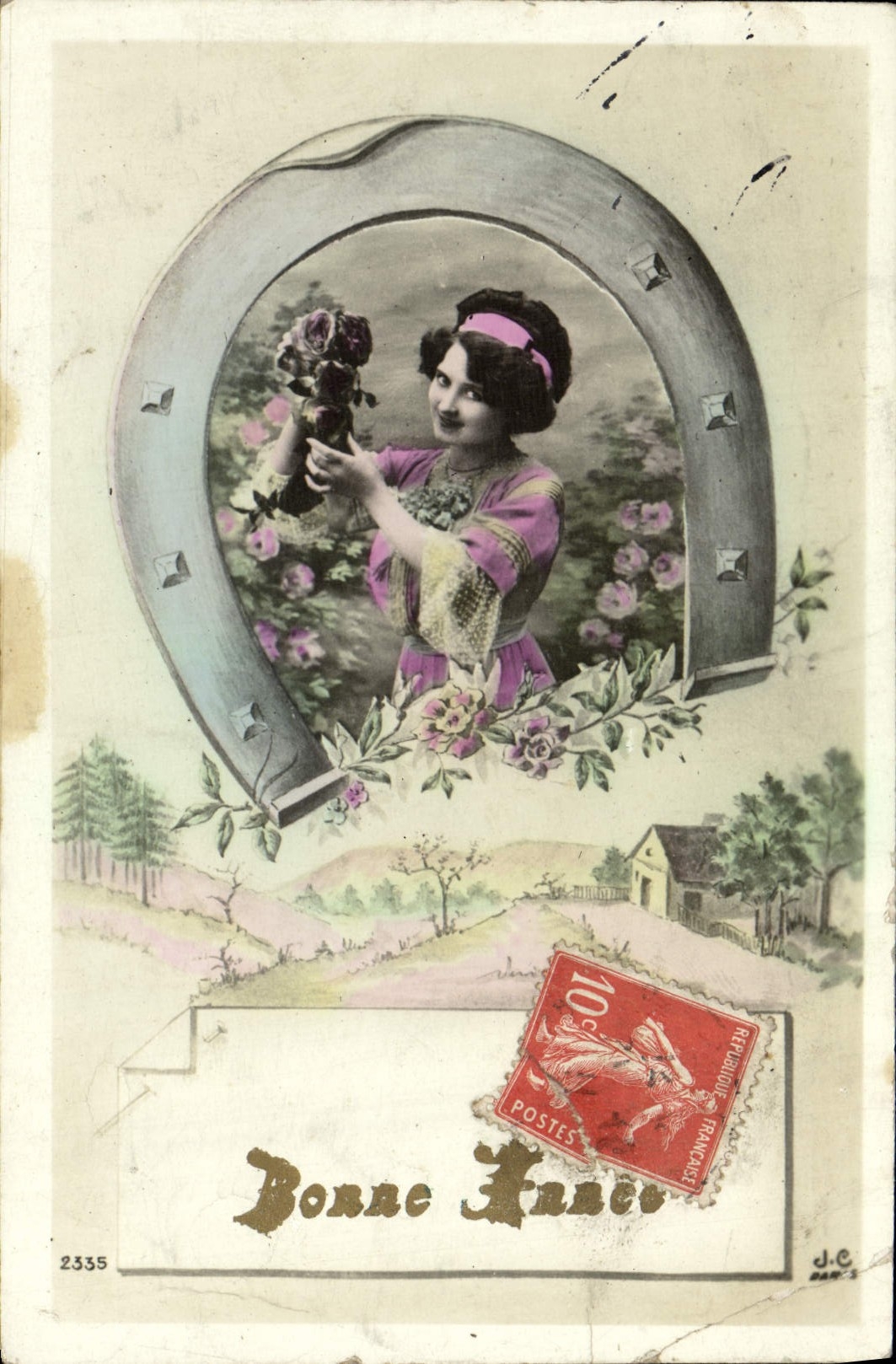 VINTAGE POSTCARD Fantaisie Woman Happy New Year Horseshoe