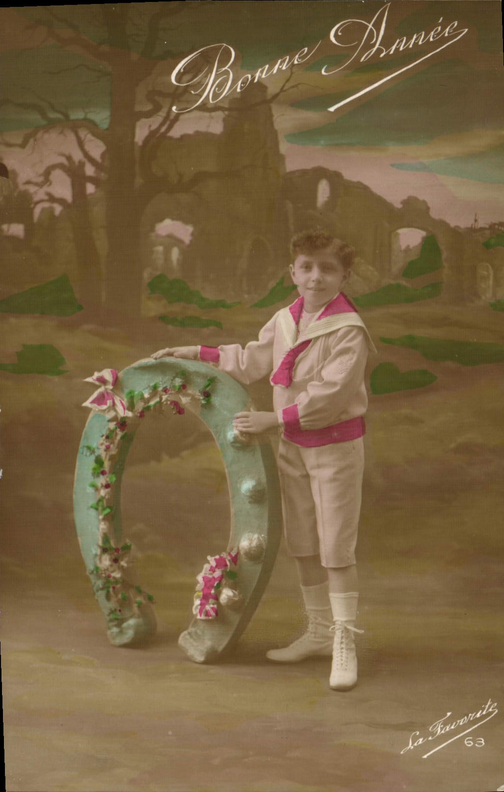 VINTAGE POSTCARD Fantaisie Child Happy New Year Horseshoe