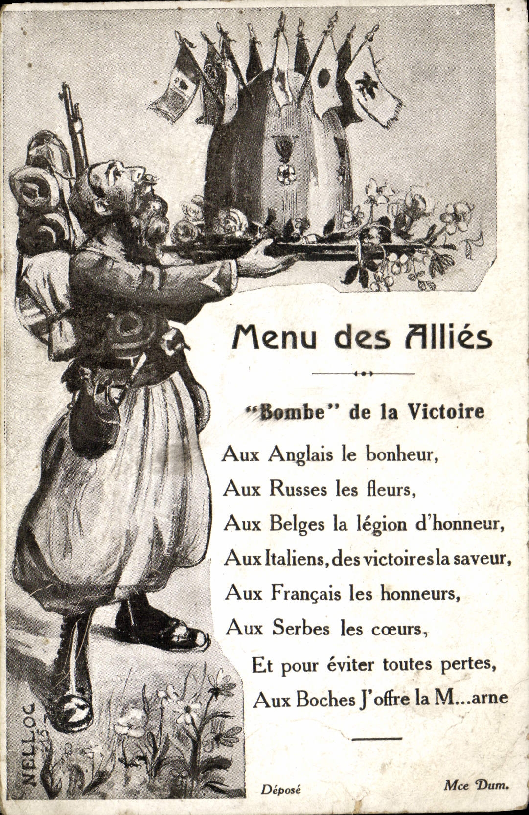 CPA Menu des Allies Bombe de la victoire Militaria