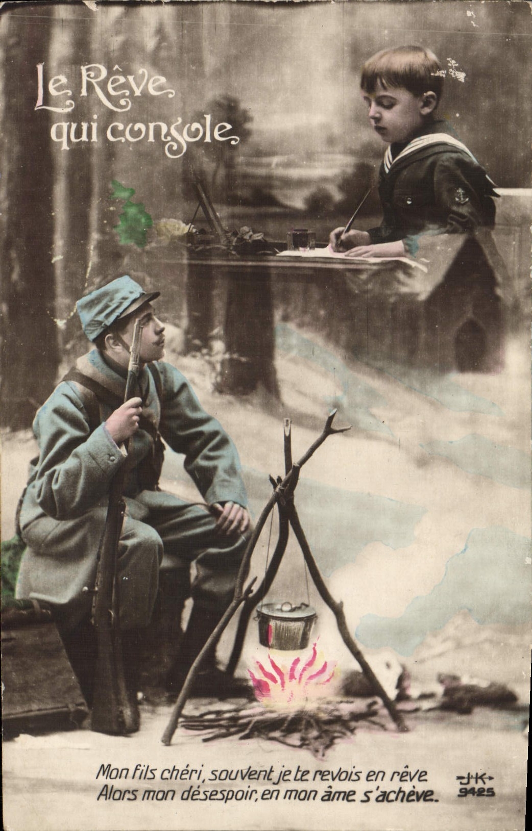 VINTAGE POSTCARD the dream which comforts Hairy Soldat Militaria Child