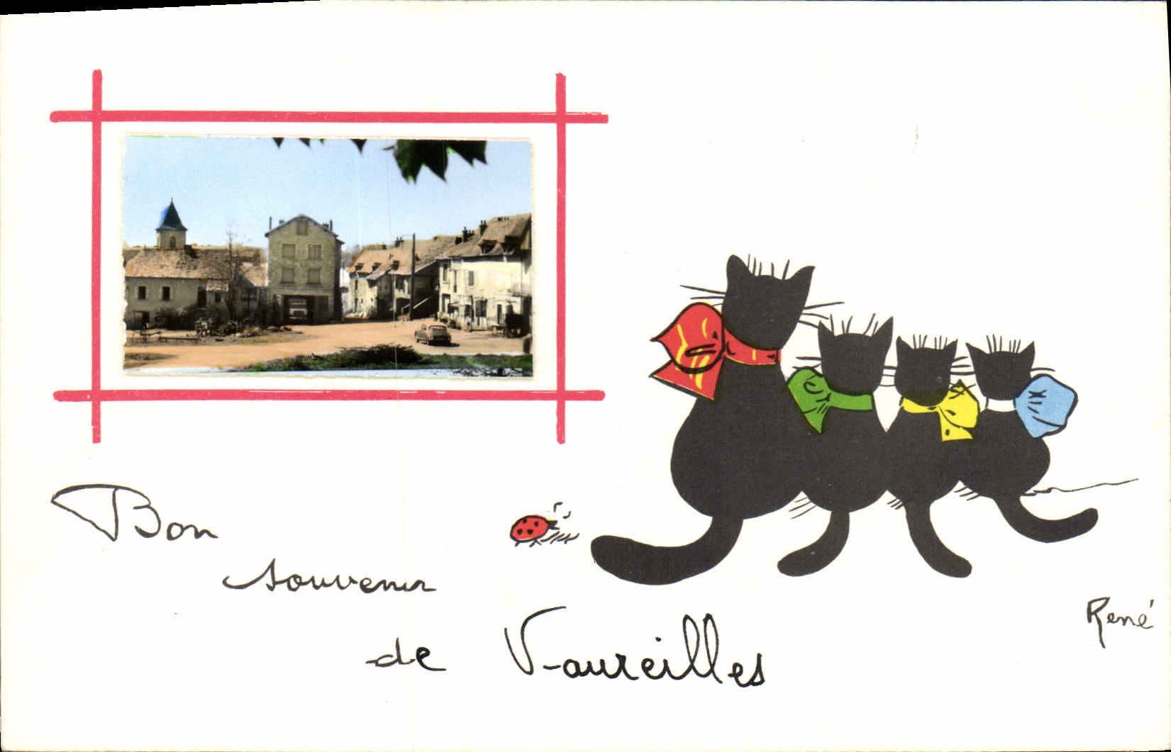 VINTAGE POSTCARD Fantasy Souvenir of Vaureilles Cat Kitten Kittens