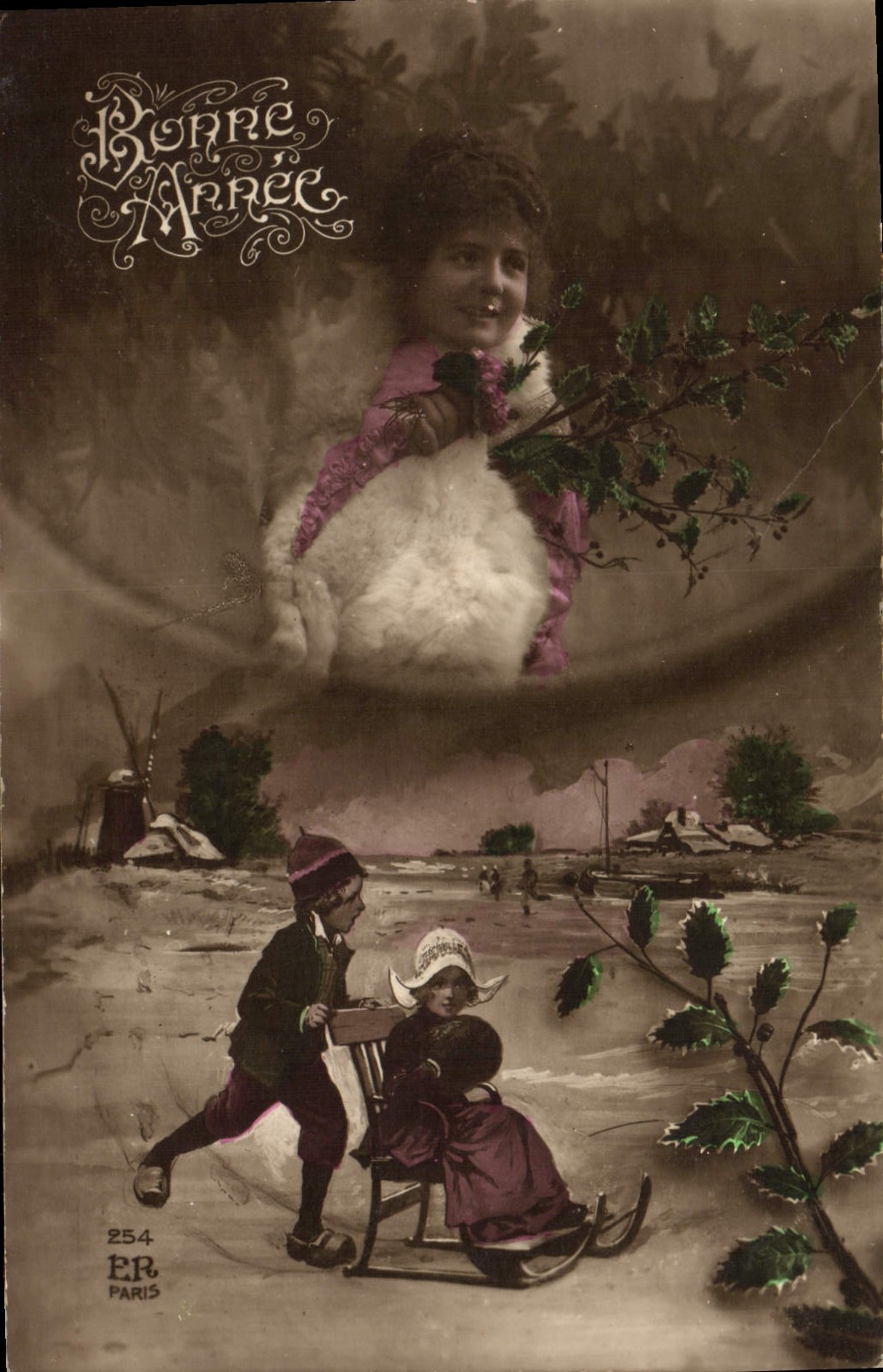 VINTAGE POSTCARD Fantasy Children Toboggan Windmill