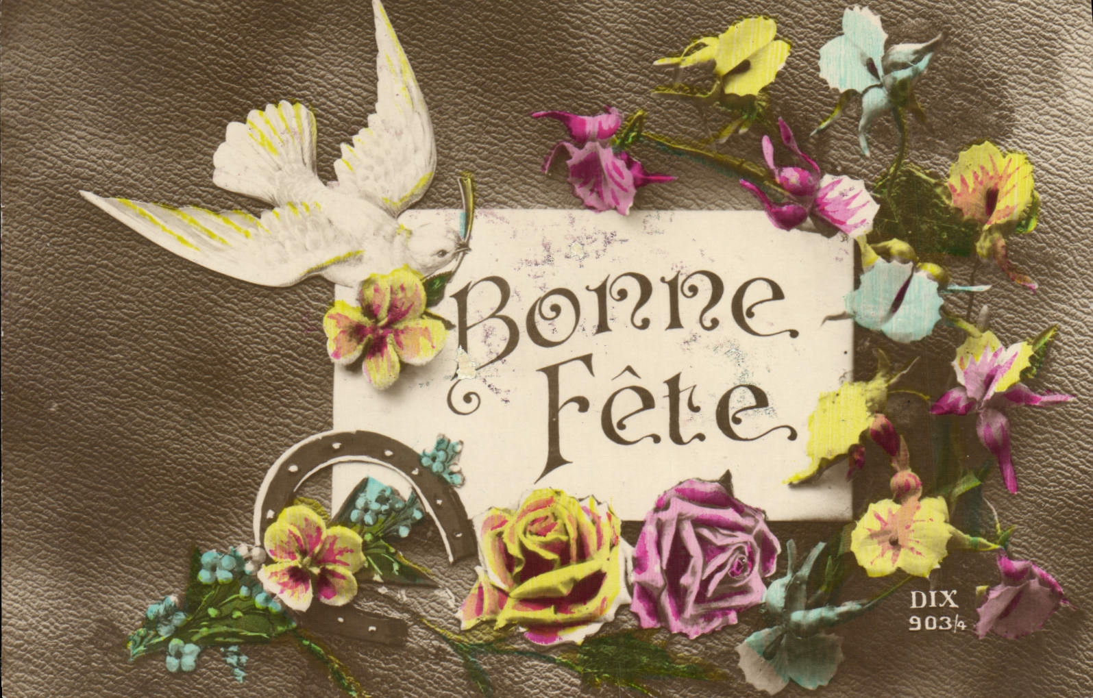 VINTAGE POSTCARD Fantaisie Flowers Dove Horseshoe