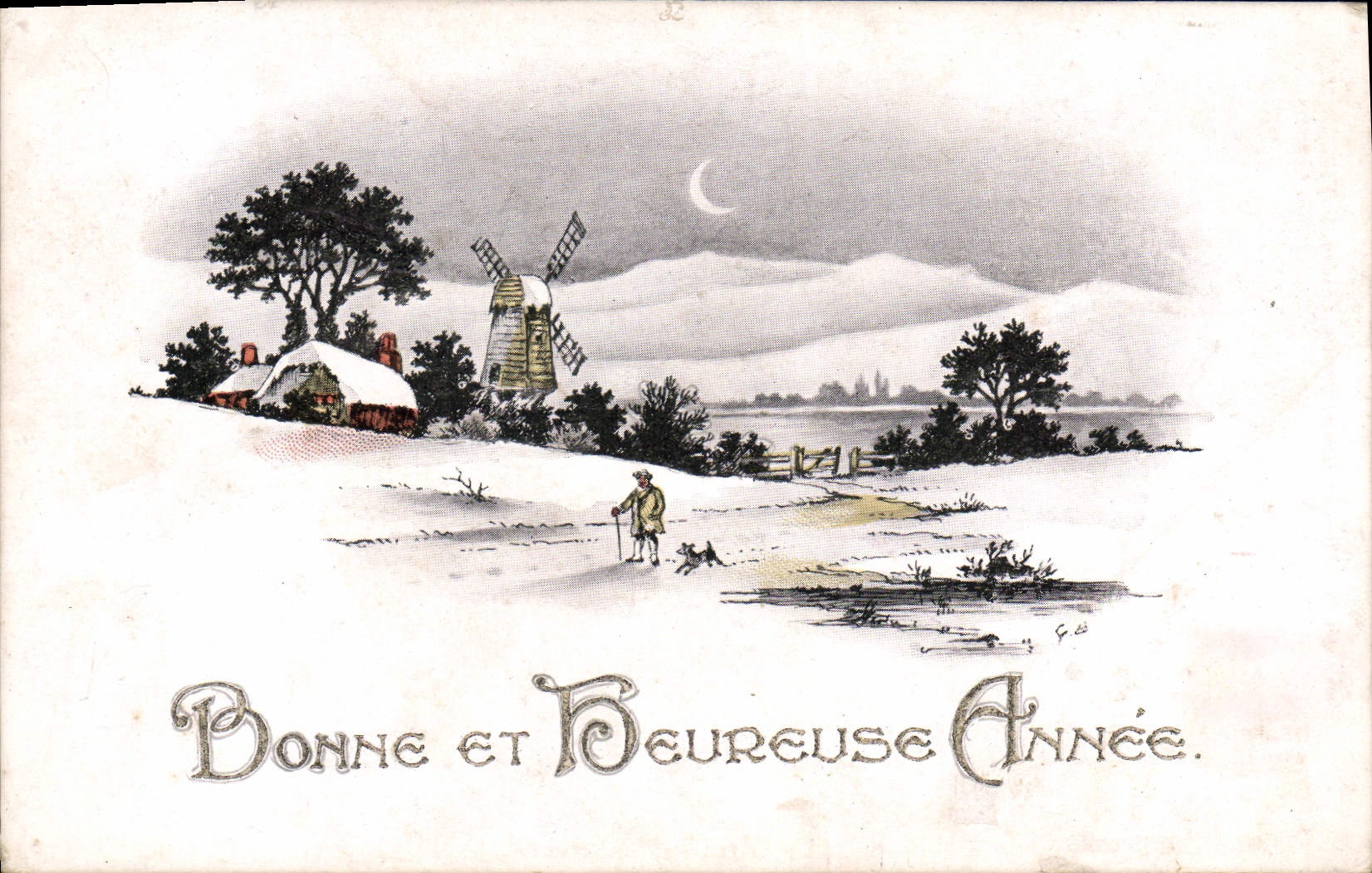 VINTAGE POSTCARD Fantasy Bonen year Windmill
